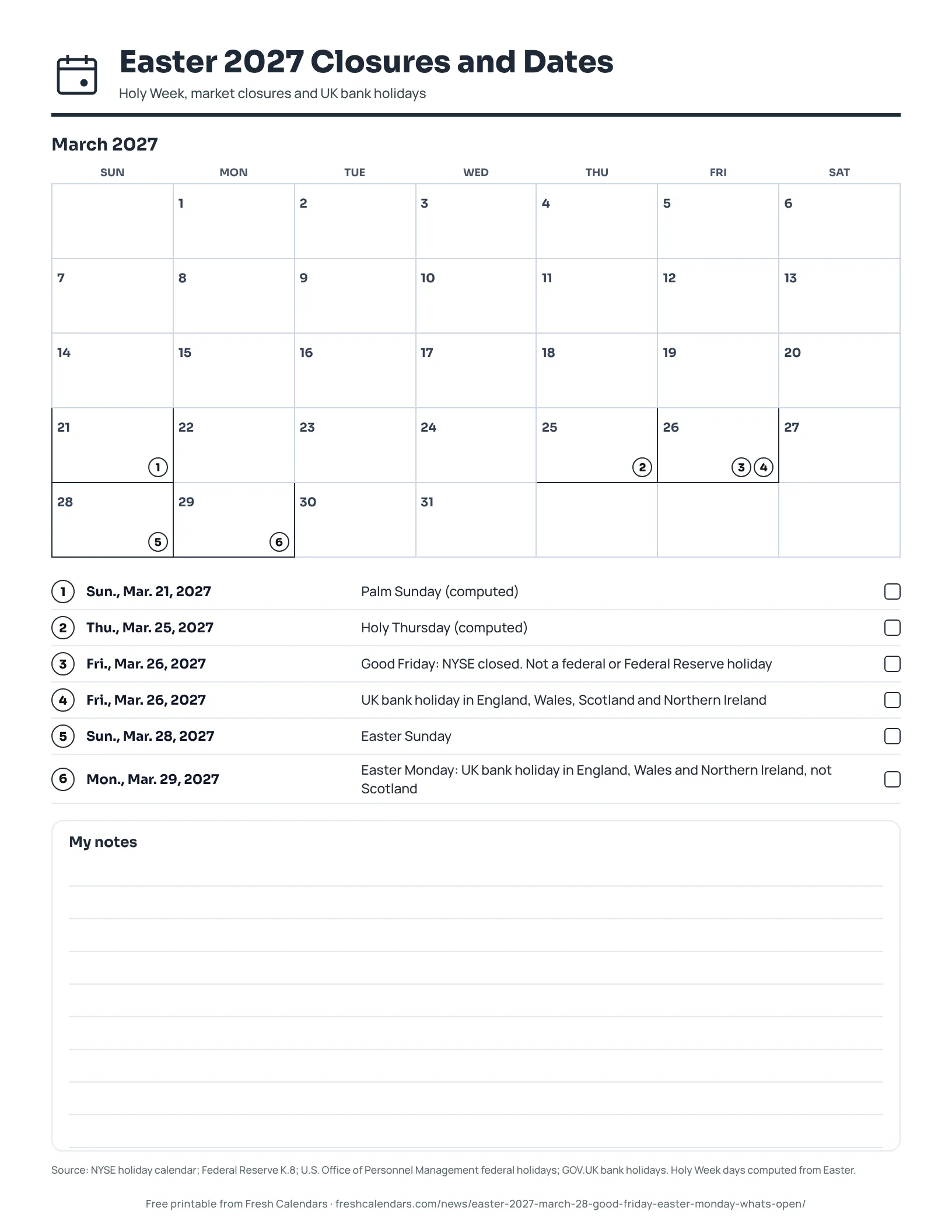 Printable list of Easter 2027 dates, Good Friday closures and UK bank holidays, ink-saver version