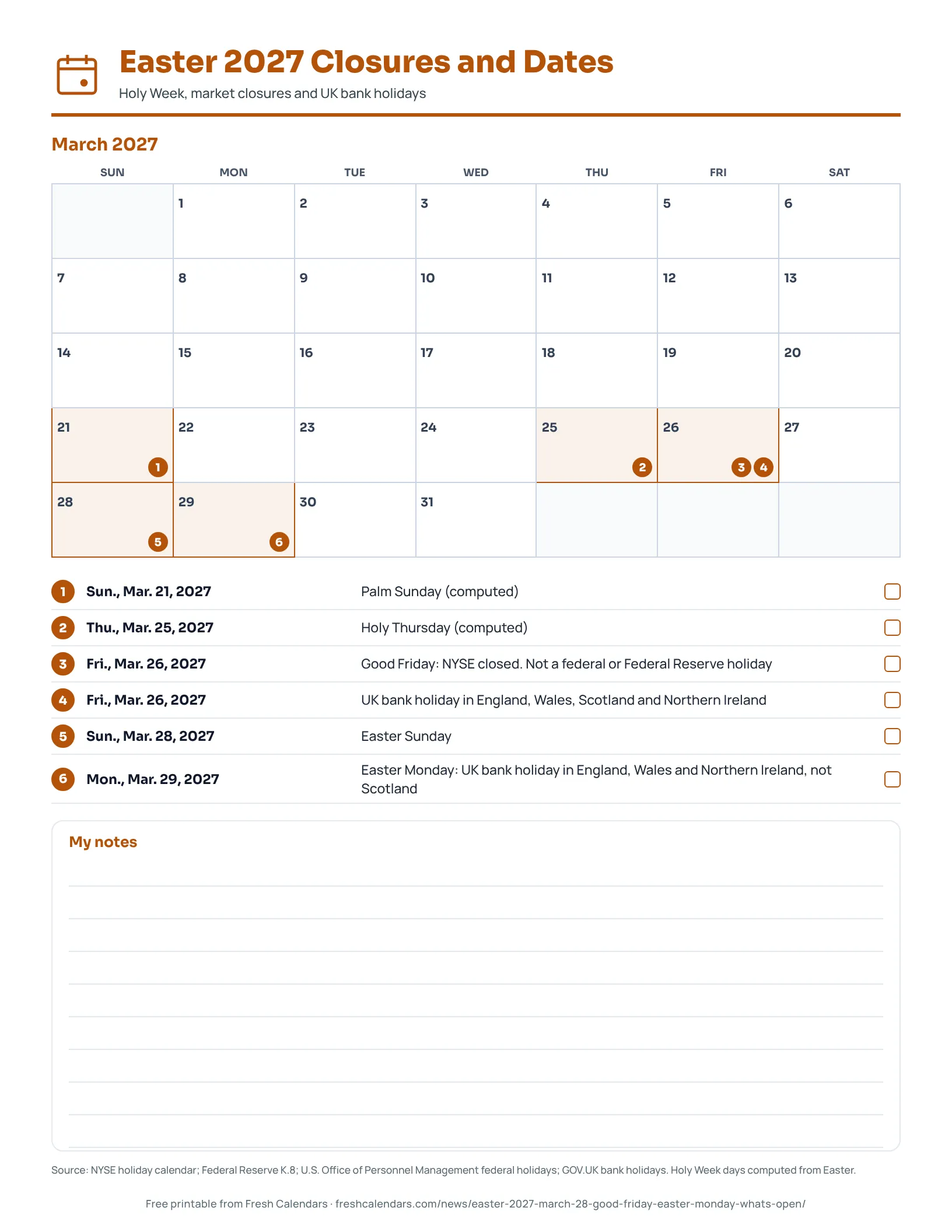 Printable list of Easter 2027 dates, Good Friday closures and UK bank holidays