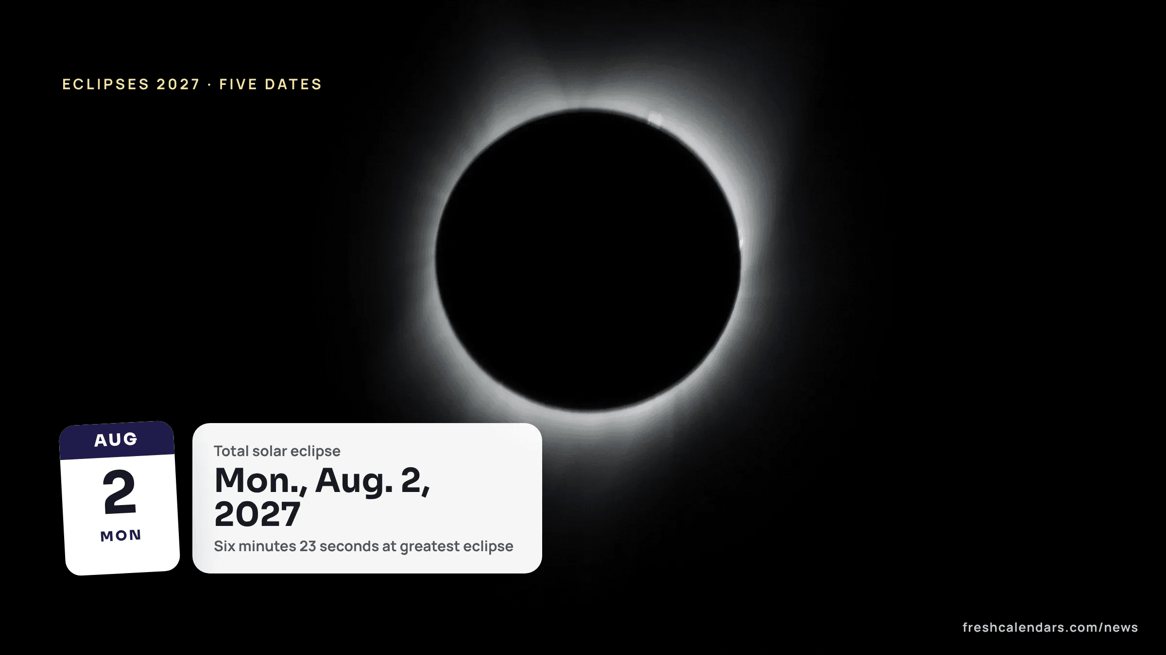 Eclipses 2027: the white corona of the Sun glowing around the dark Moon during a past total solar eclipse