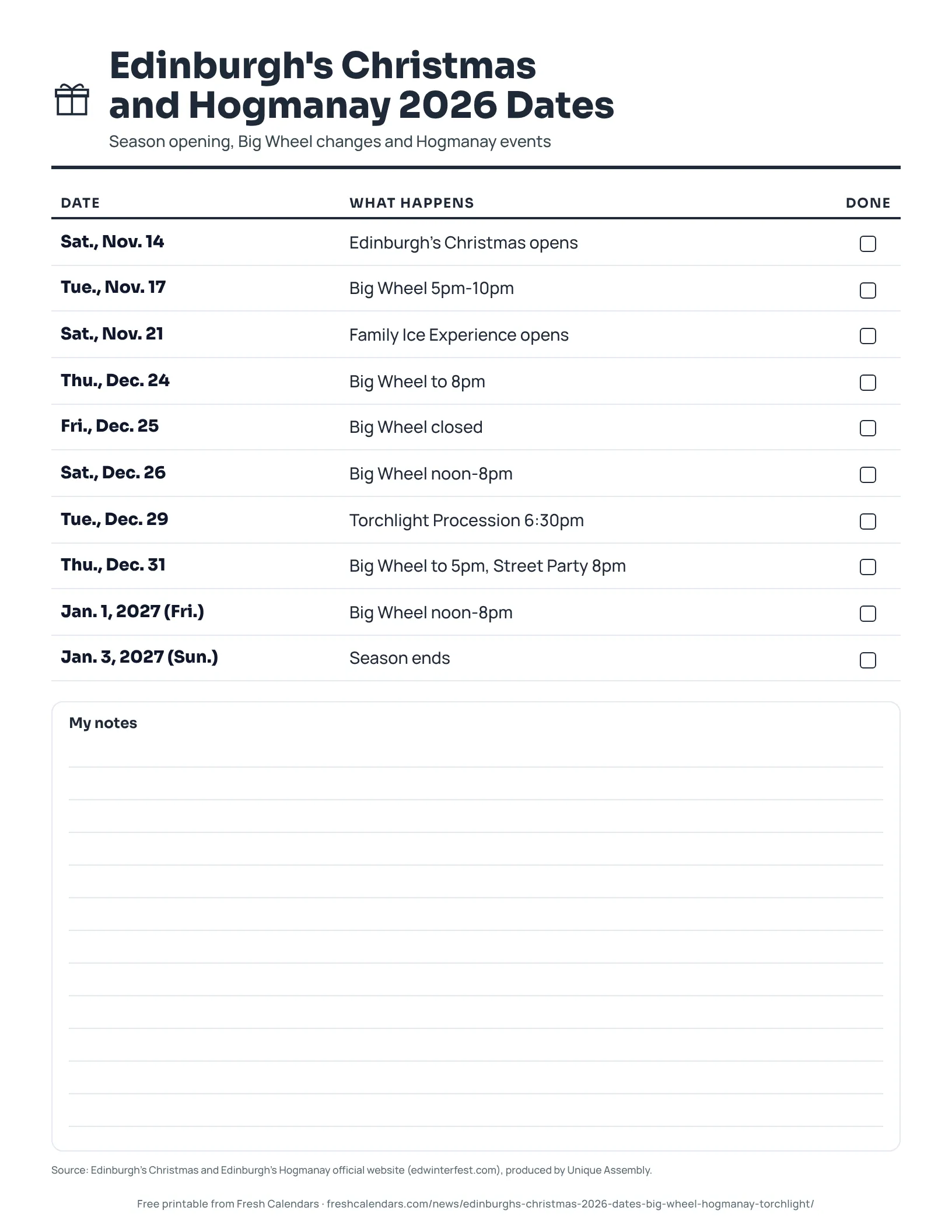 Edinburgh's Christmas and Hogmanay 2026 Dates (ink saver) Printable list of Edinburgh's Christmas and Hogmanay 2026 dates, ink-saver version