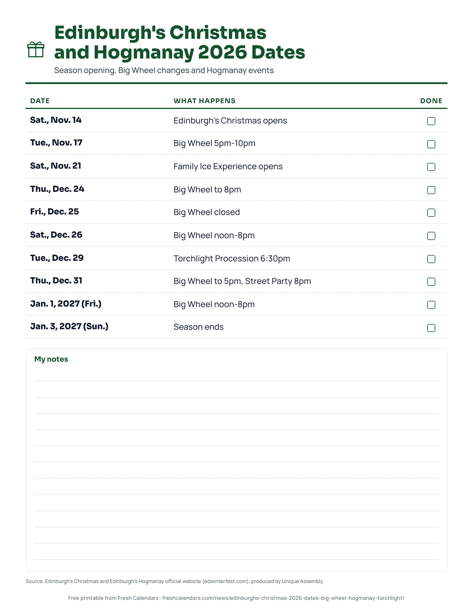 Edinburgh's Christmas and Hogmanay 2026 Dates Printable list of Edinburgh's Christmas and Hogmanay 2026 dates.