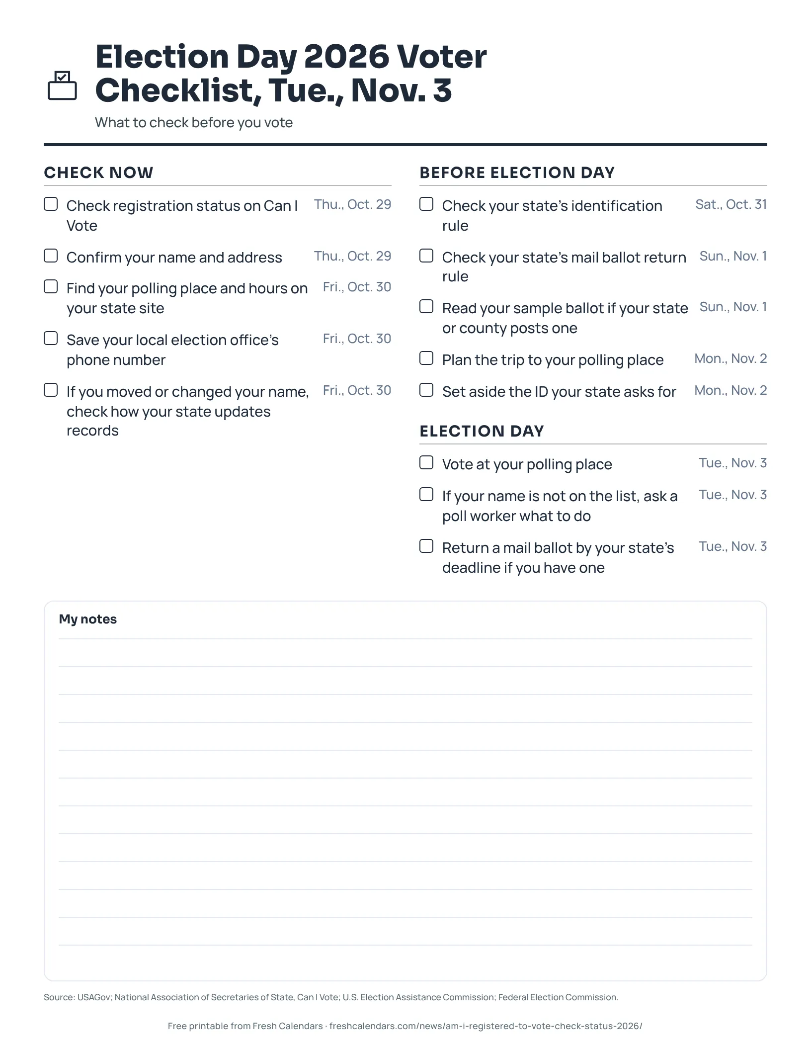 Printable Election Day 2026 voter checklist with tick boxes for Oct. 29 to Nov. 3, ink-saver version