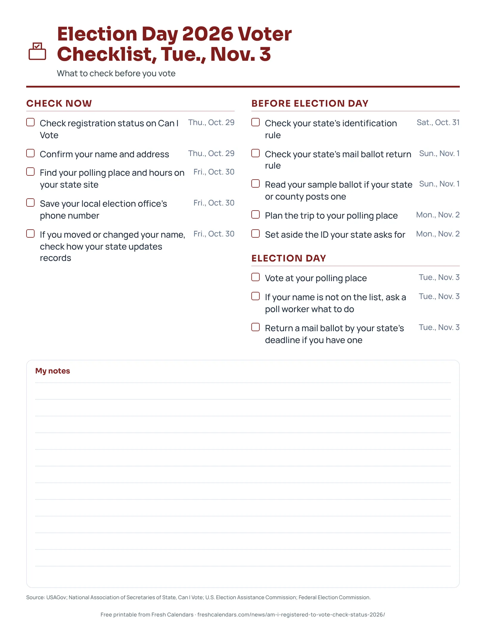 Printable Election Day 2026 voter checklist with tick boxes for Oct. 29 to Nov. 3