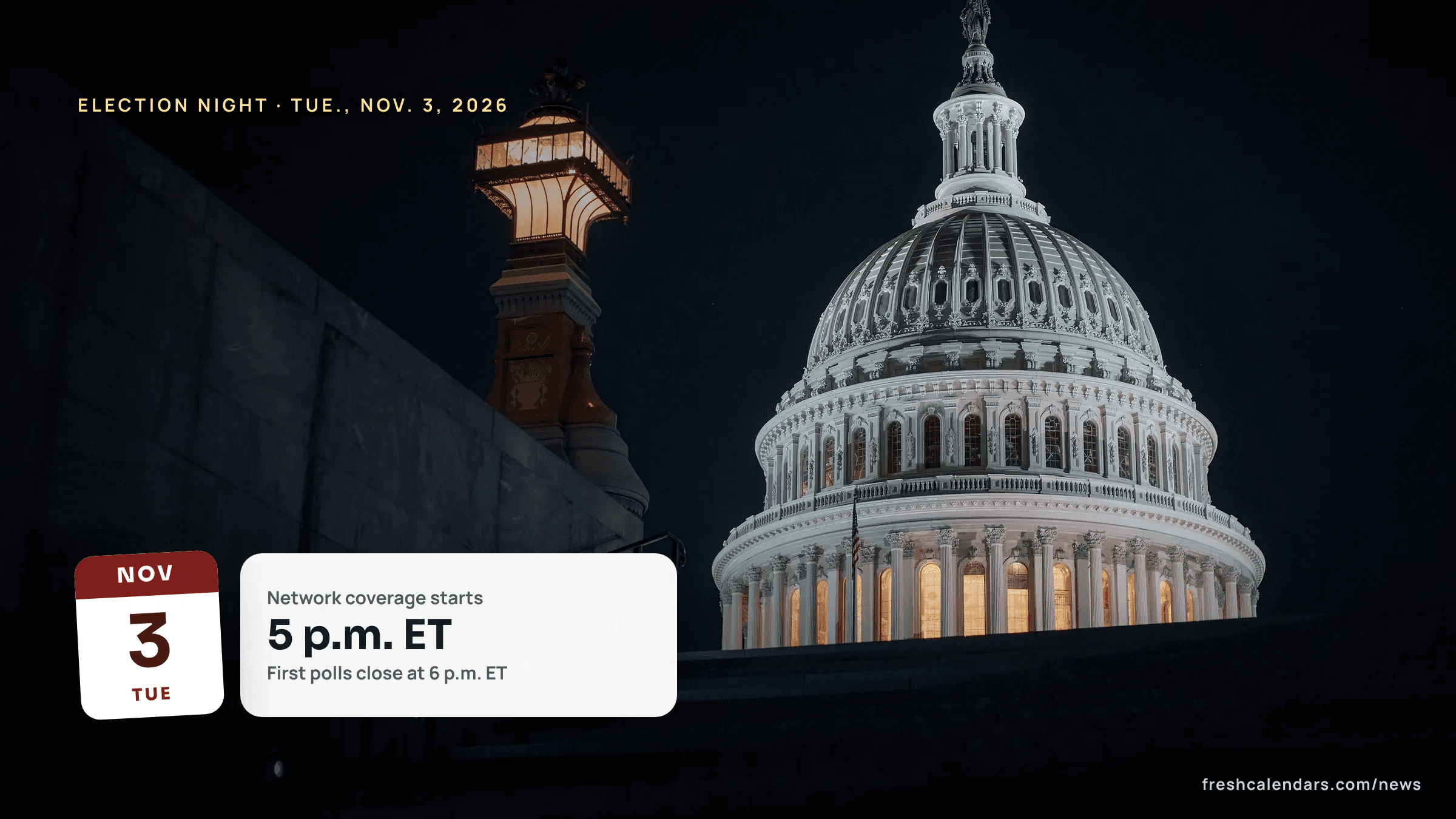 Election night 2026 TV schedule: the U.S. Capitol dome lit at night, with a card showing NBC coverage starting at 5 p.m. ET on Nov. 3