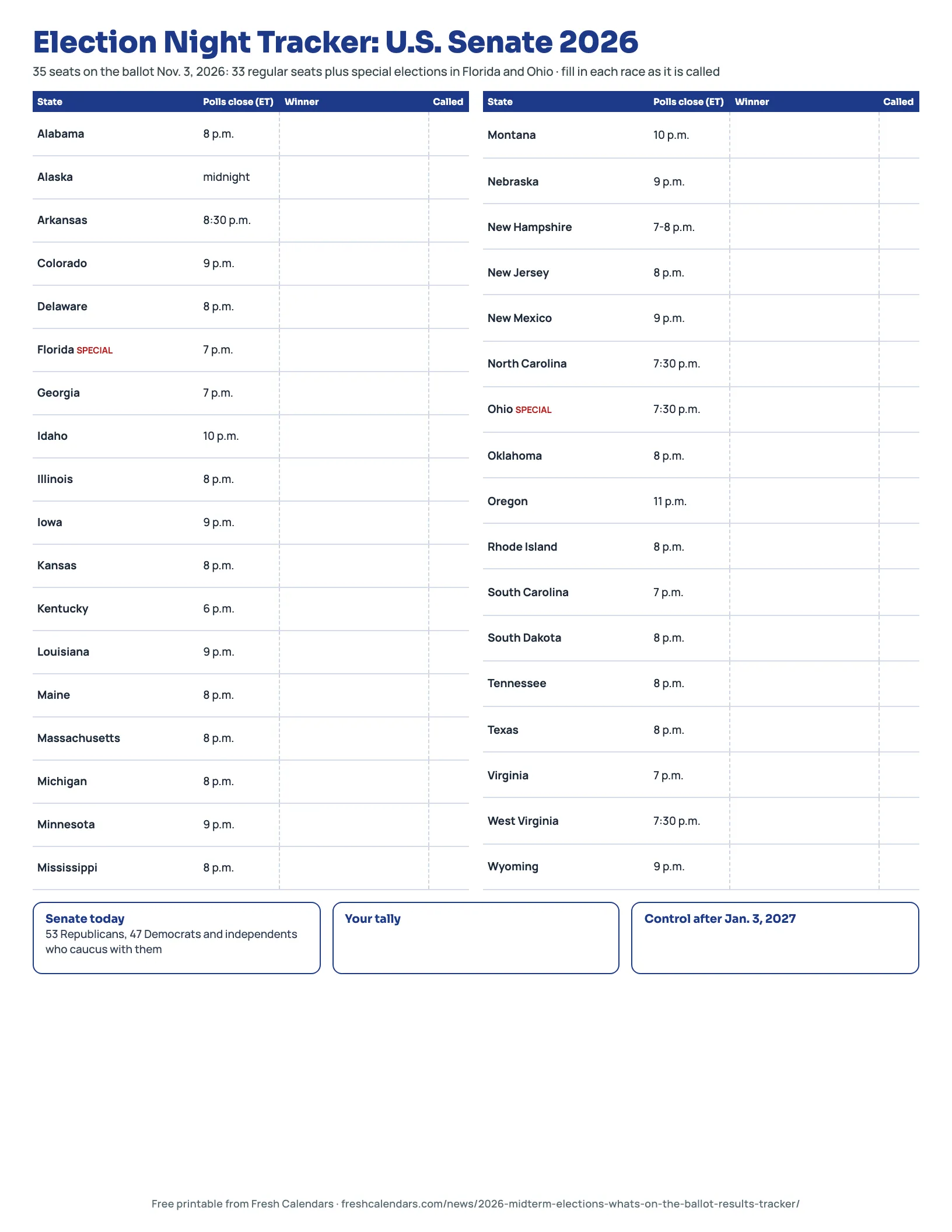 Election night tracker 2026 printable with 35 Senate races, poll closing times and blank winner columns