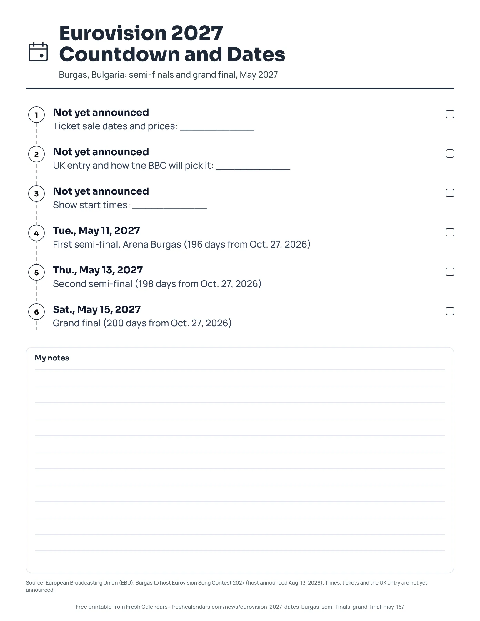 Printable Eurovision 2027 timeline with the Burgas semi-finals and grand final dates and items not yet announced, ink-saver version