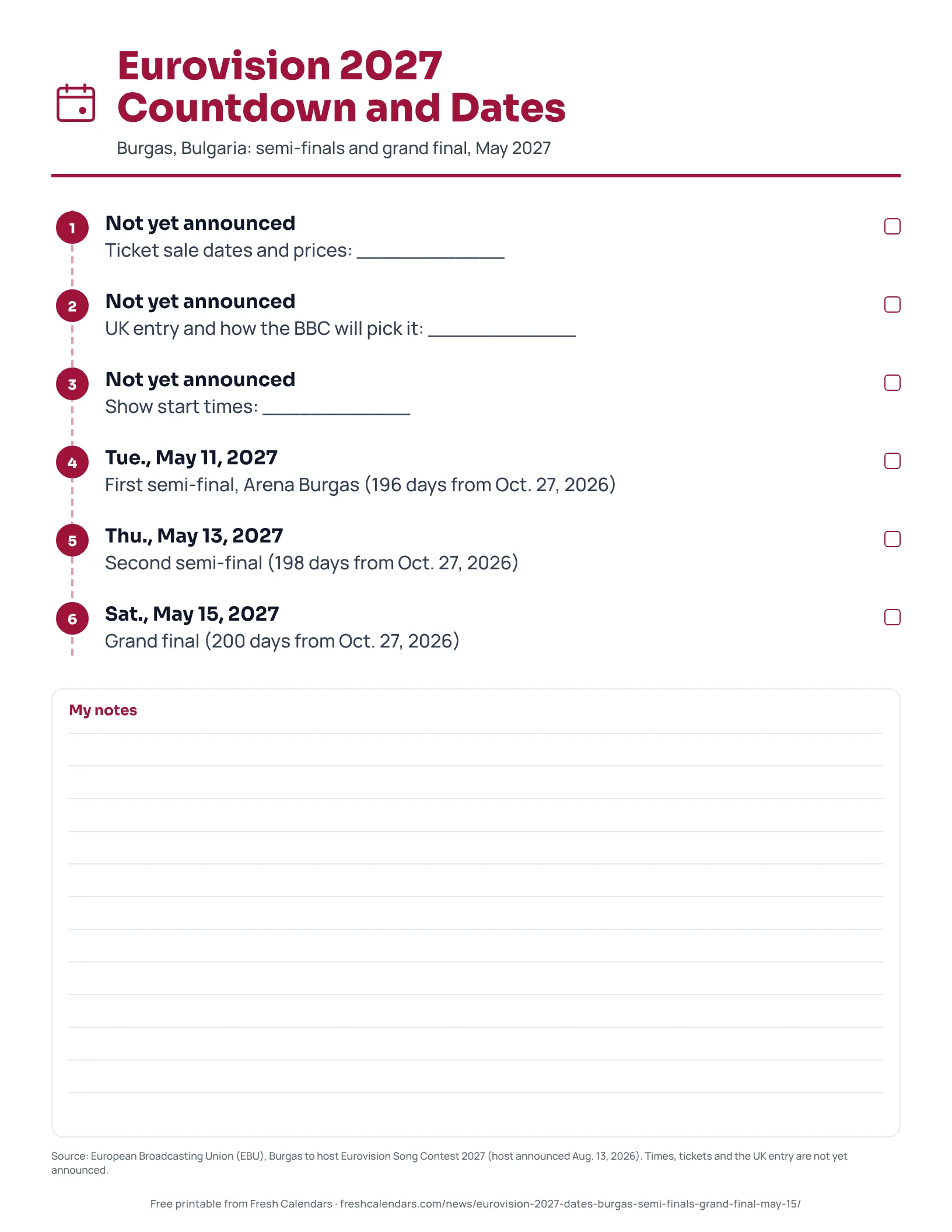 Printable Eurovision 2027 timeline with the Burgas semi-finals and grand final dates and items not yet announced