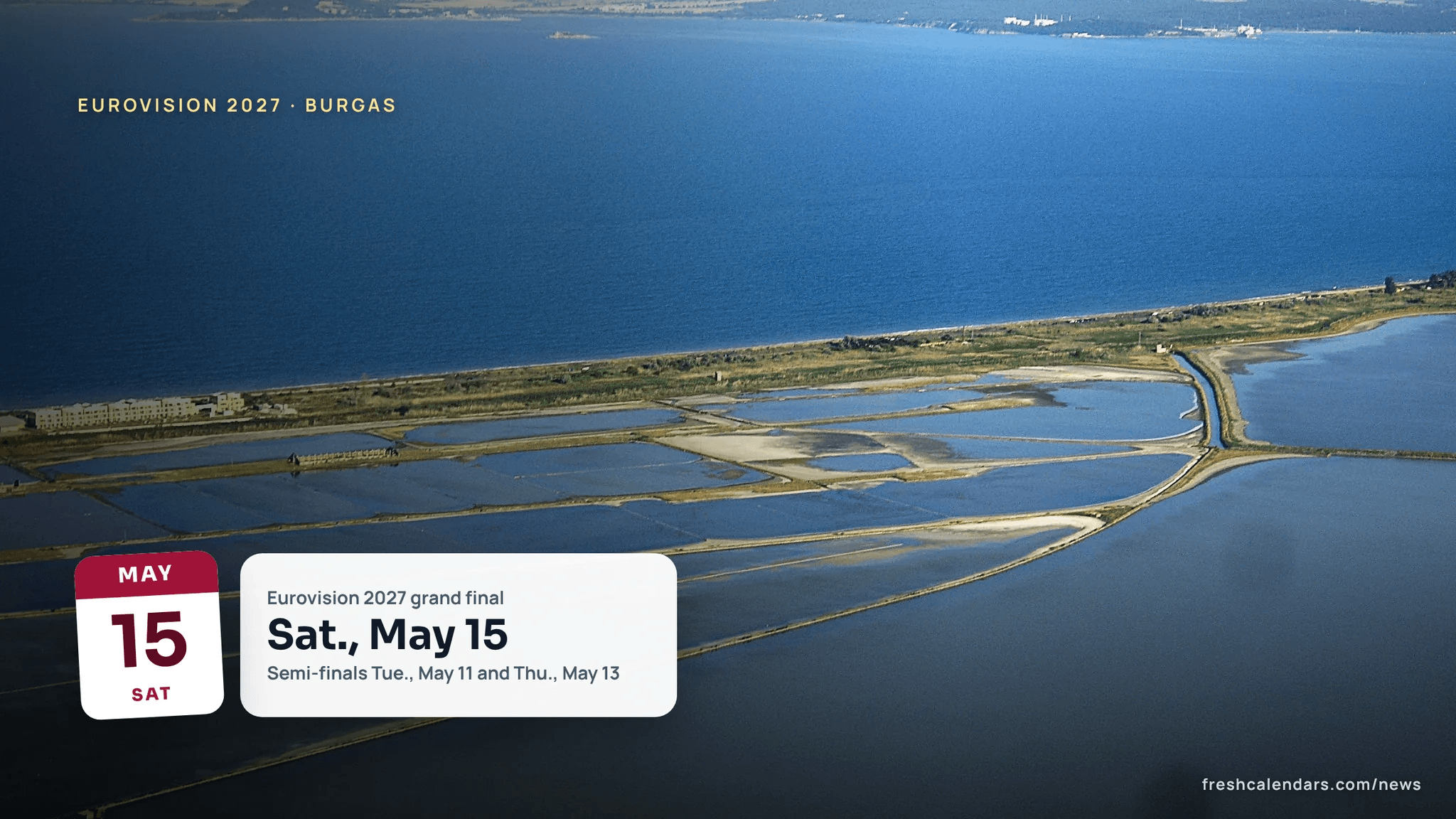 Eurovision 2027 host city Burgas, Bulgaria: the salt lagoons and Burgas Bay on the Black Sea coast seen from the air