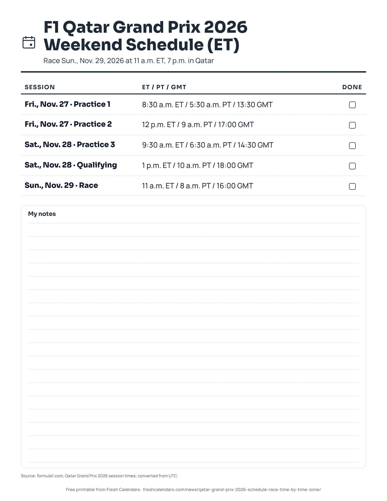 F1 Qatar Grand Prix 2026 Weekend Schedule (ET) (ink saver) F1 Qatar Grand Prix 2026 weekend schedule listing five sessions in Eastern, Pacific and Greenwich Mean Time, ink-saver version