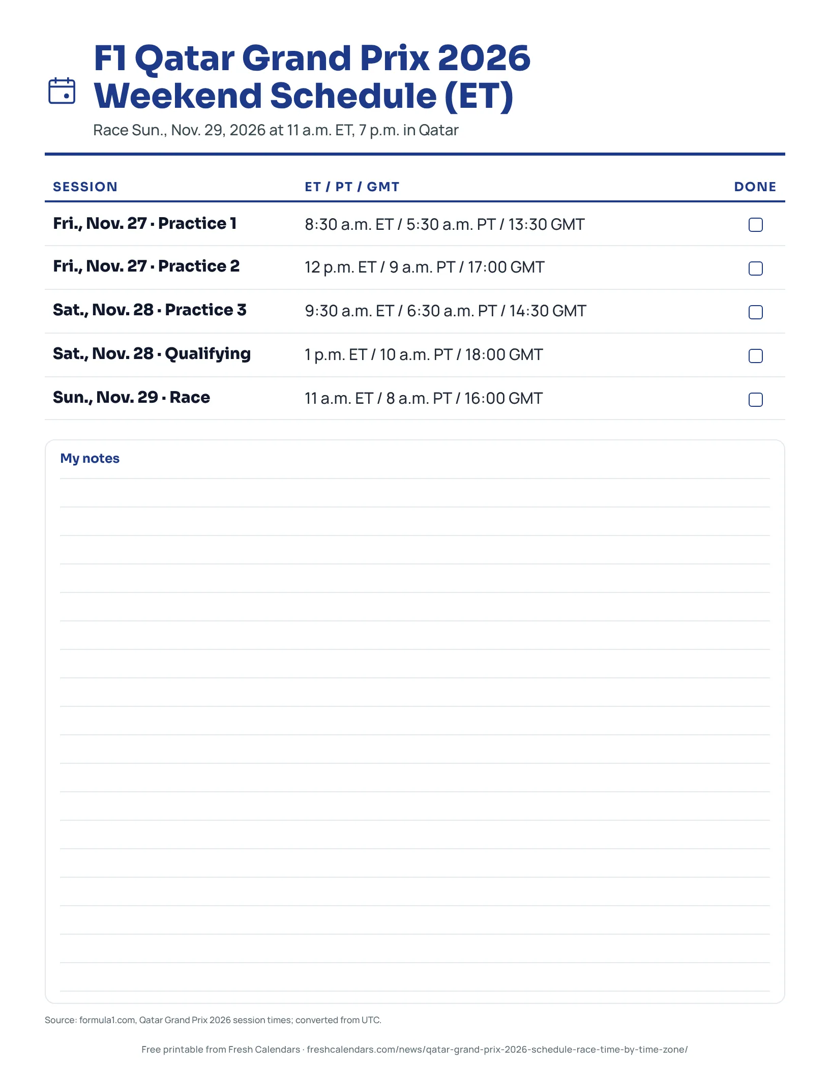 F1 Qatar Grand Prix 2026 Weekend Schedule (ET) F1 Qatar Grand Prix 2026 weekend schedule listing five sessions in Eastern, Pacific and Greenwich Mean Time