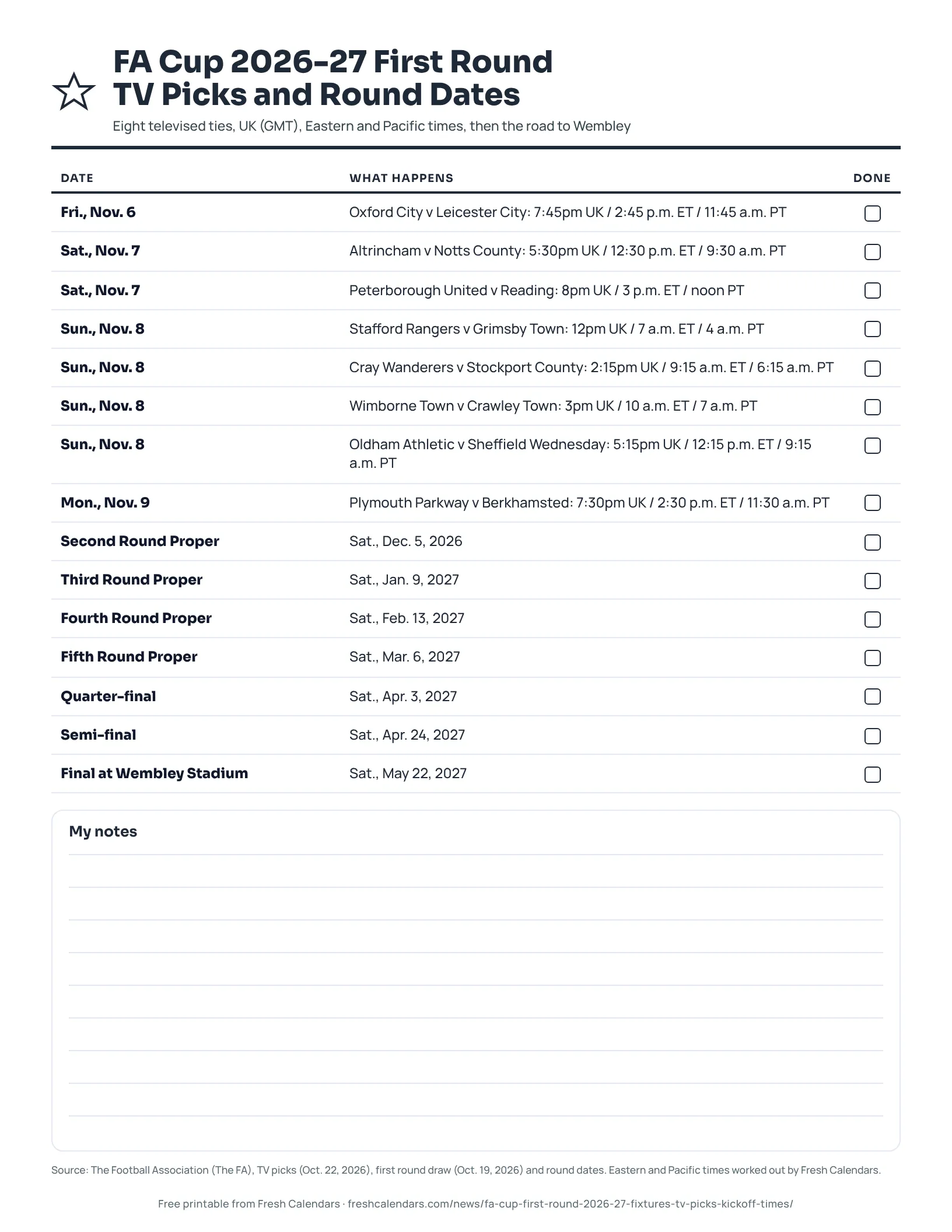 Printable FA Cup 2026-27 first round TV picks and round dates listing eight ties with UK, Eastern and Pacific times, ink-saver version