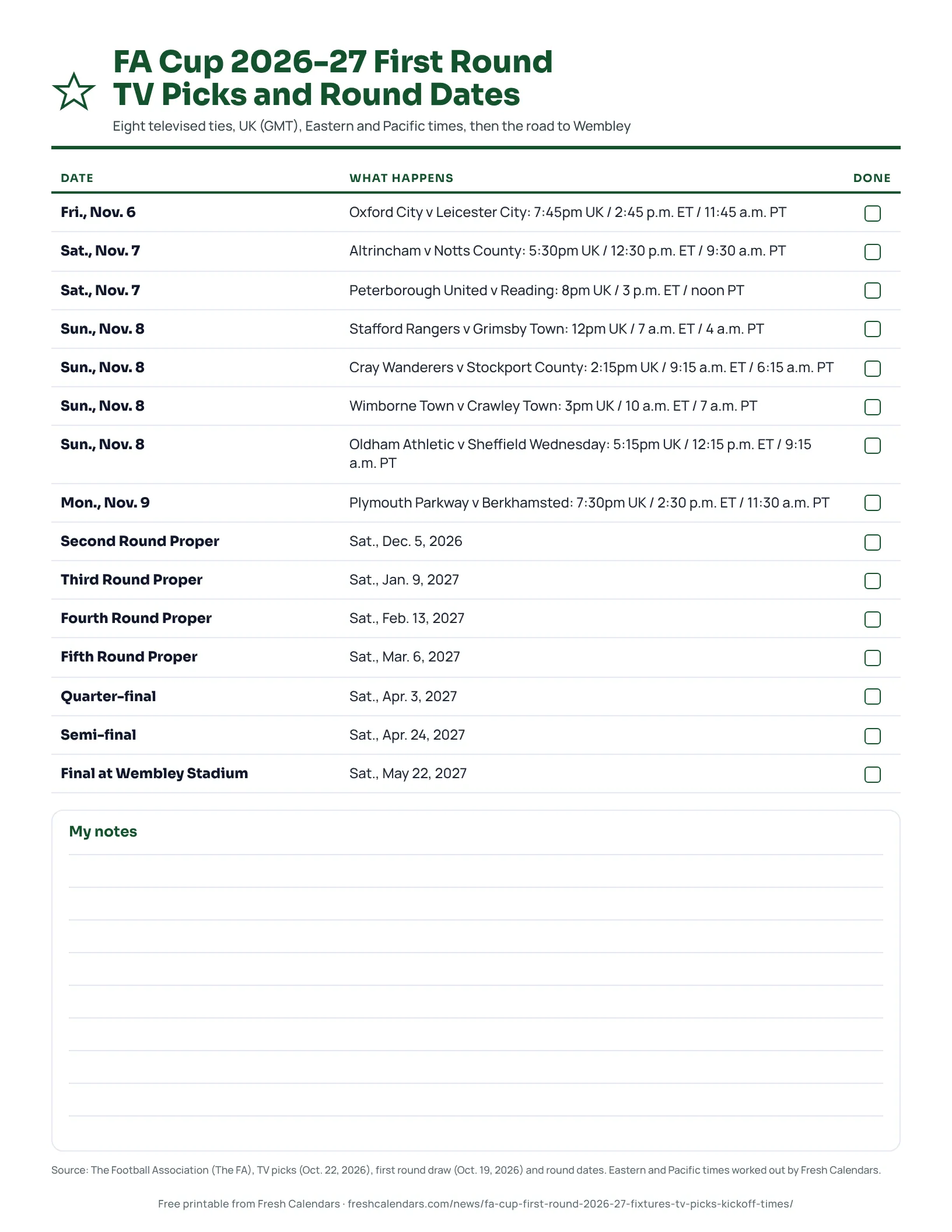 Printable FA Cup 2026-27 first round TV picks and round dates listing eight ties with UK, Eastern and Pacific times