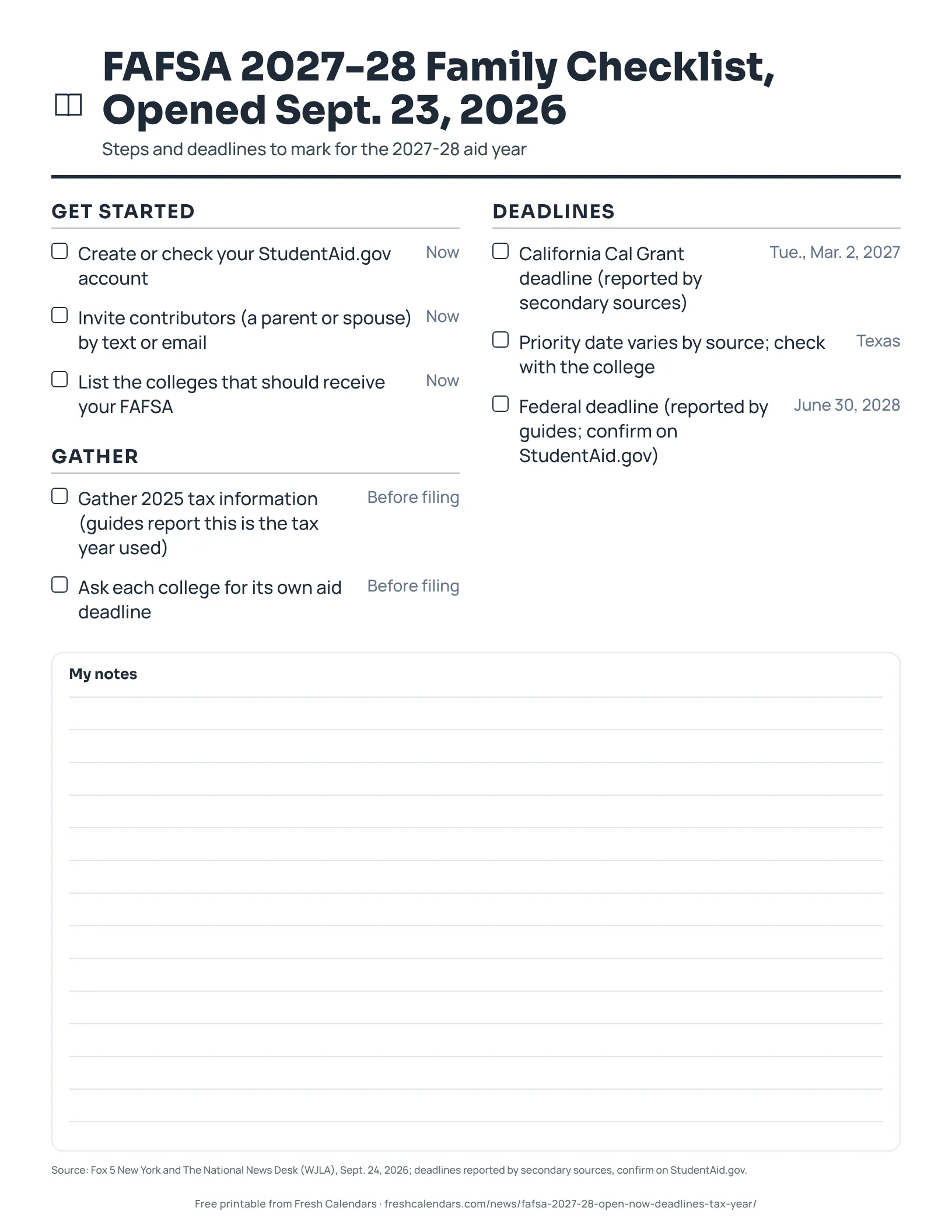 FAFSA 2027-28 Family Checklist, Opened Sept. 23, 2026 (ink saver) Printable FAFSA 2027-28 family checklist with tick boxes for account, contributors, colleges and deadlines, ink-saver version