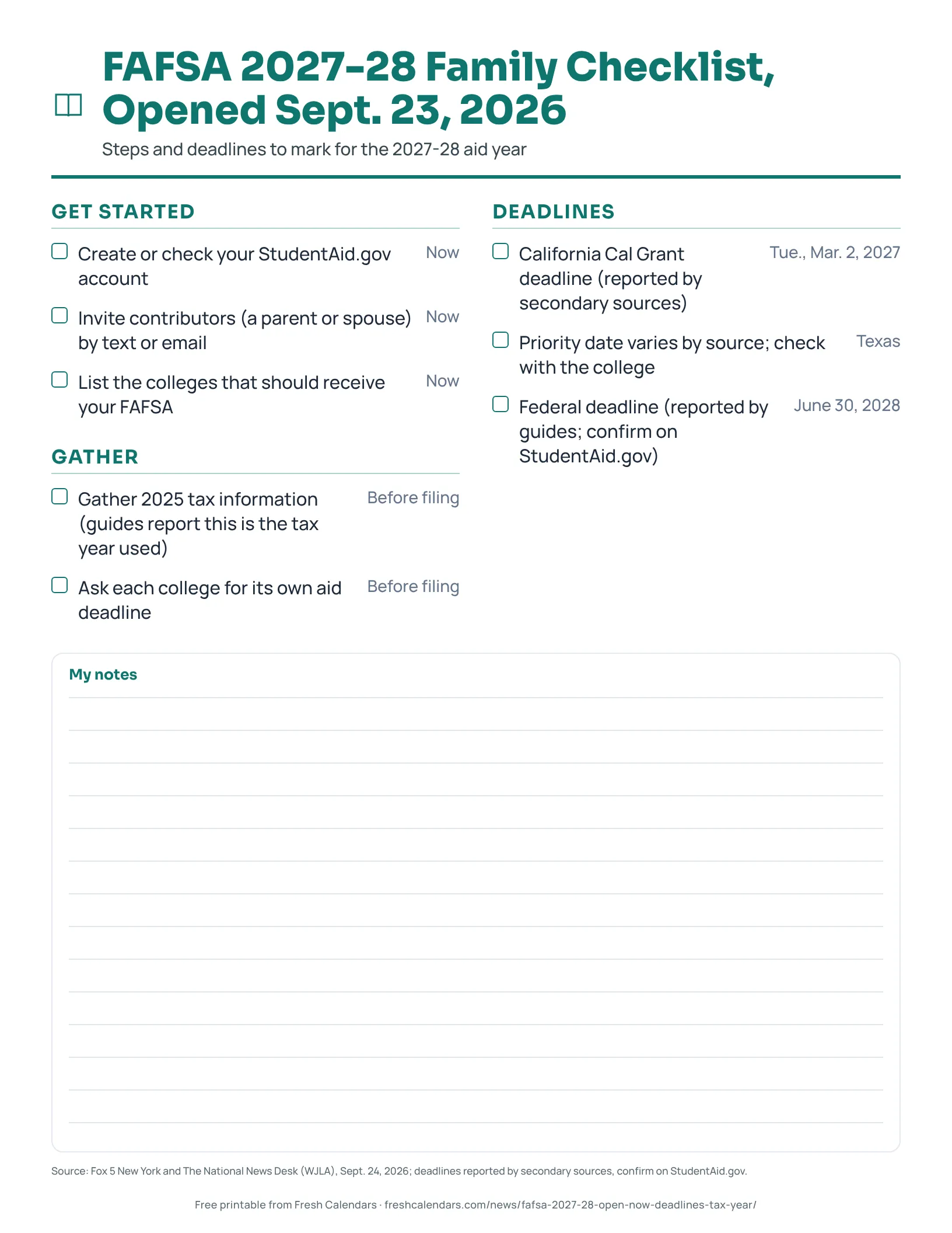 FAFSA 2027-28 Family Checklist, Opened Sept. 23, 2026 Printable FAFSA 2027-28 family checklist with tick boxes for account, contributors, colleges and deadlines