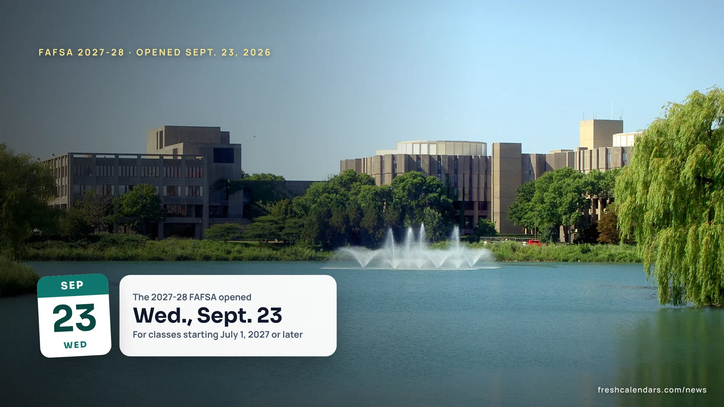 Northwestern University's student union and library across a lagoon, for the FAFSA 2027-28 opening