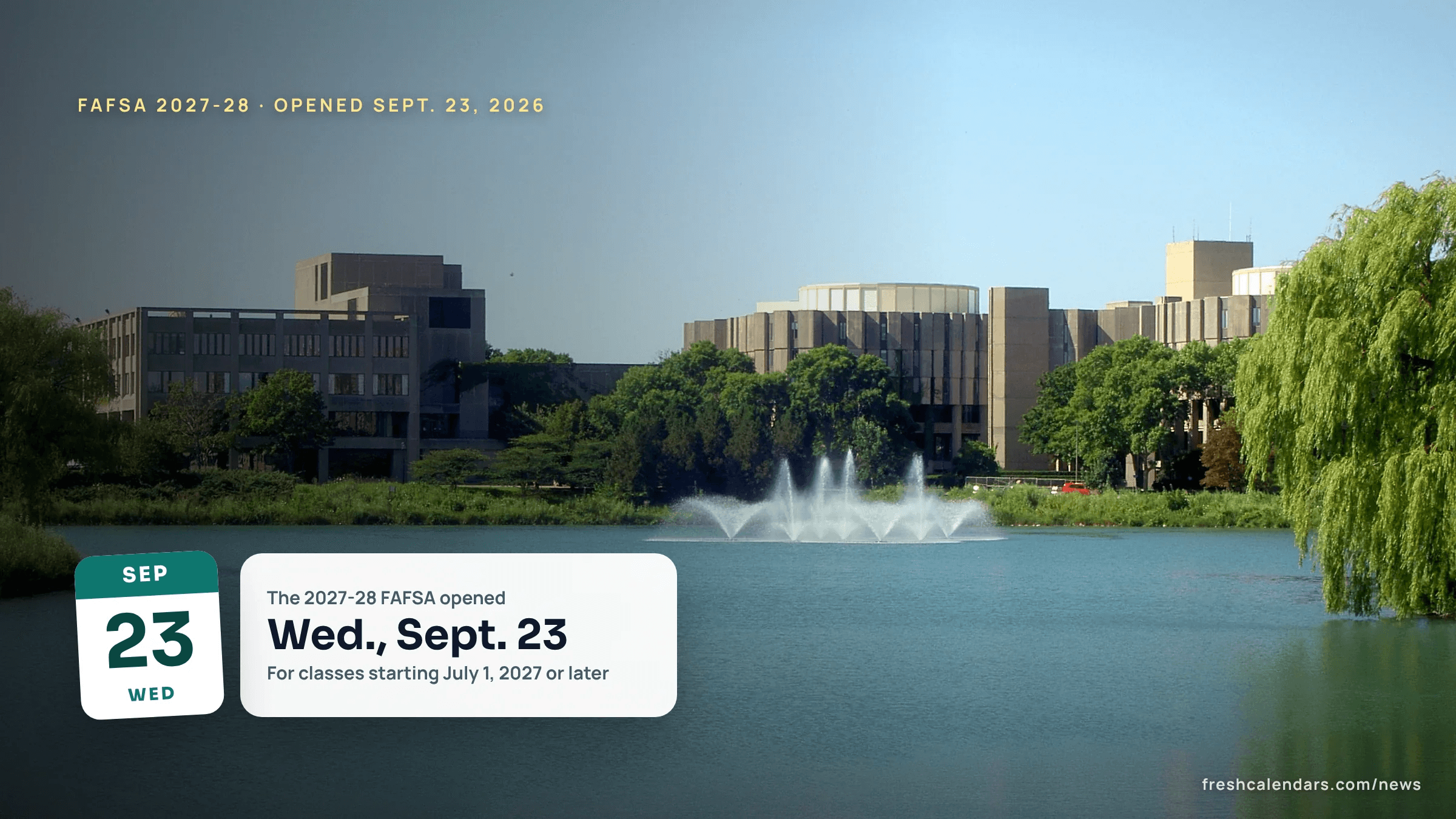 Northwestern University's student union and library across a lagoon, for the FAFSA 2027-28 opening
