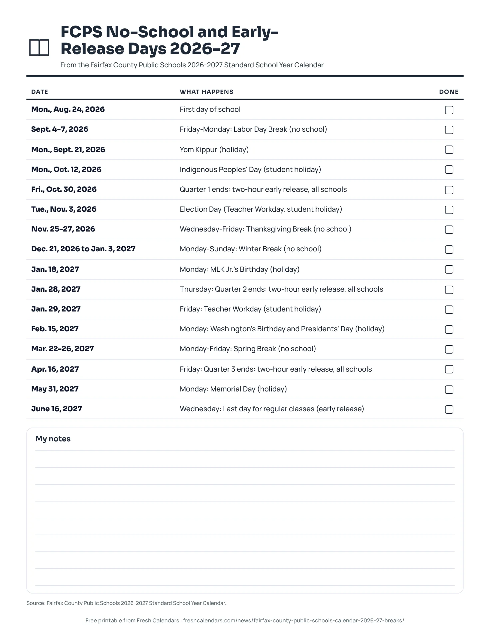 FCPS No-School and Early-Release Days 2026-27 (ink saver) FCPS 2026-27 printable list of no-school days and early-release days, ink-saver version