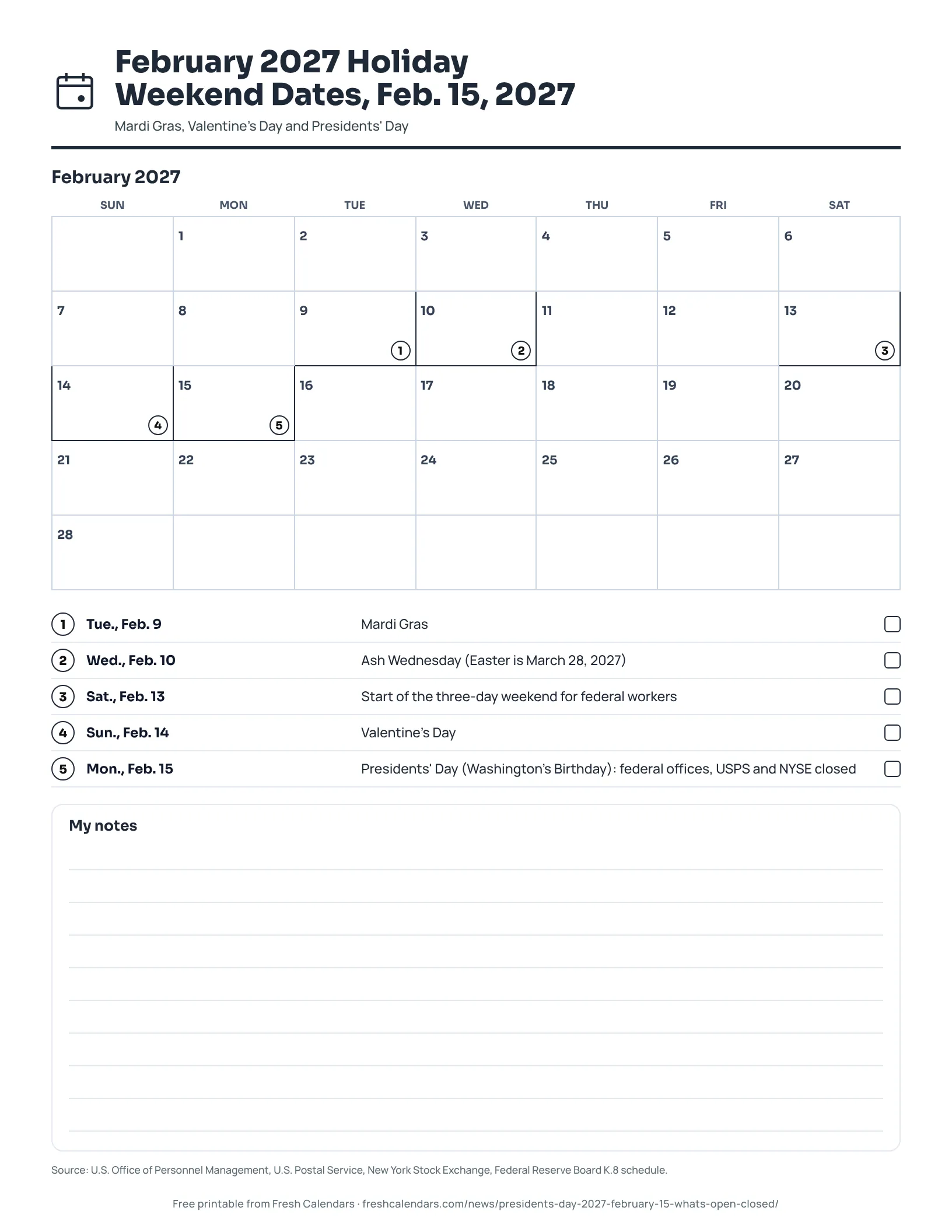 February 2027 Holiday Weekend Dates, Feb. 15, 2027 (ink saver) February 2027 calendar with Presidents' Day on Monday, Feb. 15 marked, ink-saver version