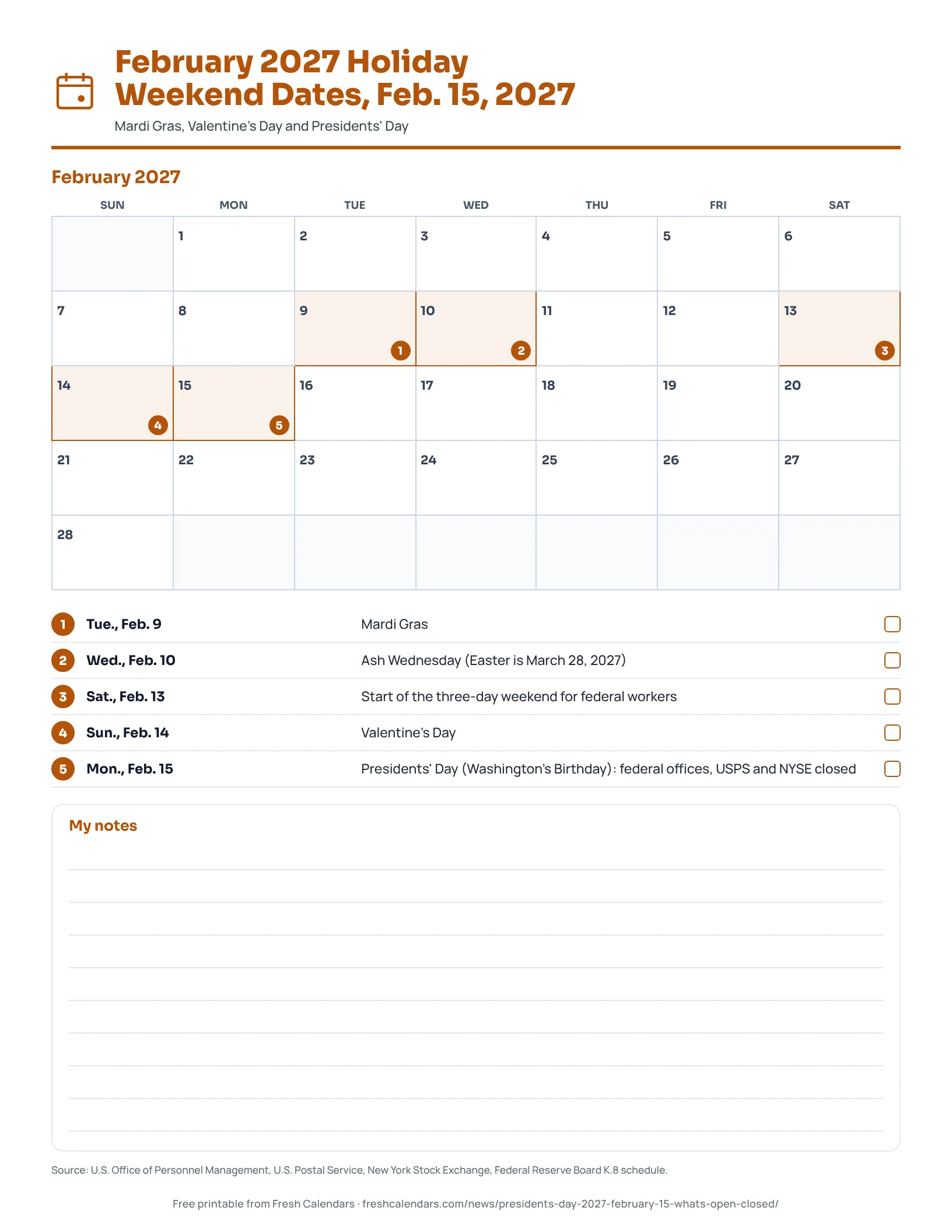 February 2027 Holiday Weekend Dates, Feb. 15, 2027 February 2027 calendar with Presidents' Day on Monday, Feb. 15 marked