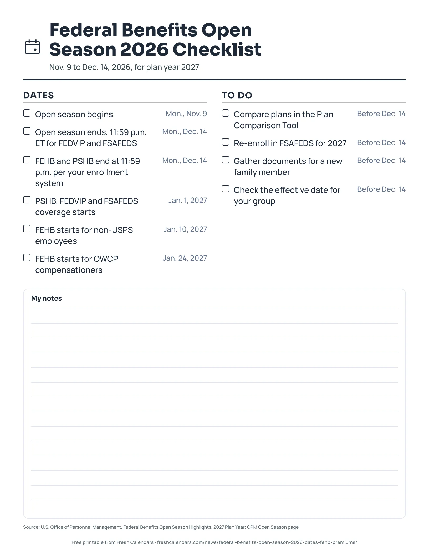 Federal Benefits Open Season 2026 checklist with dates and tick boxes, ink-saver version