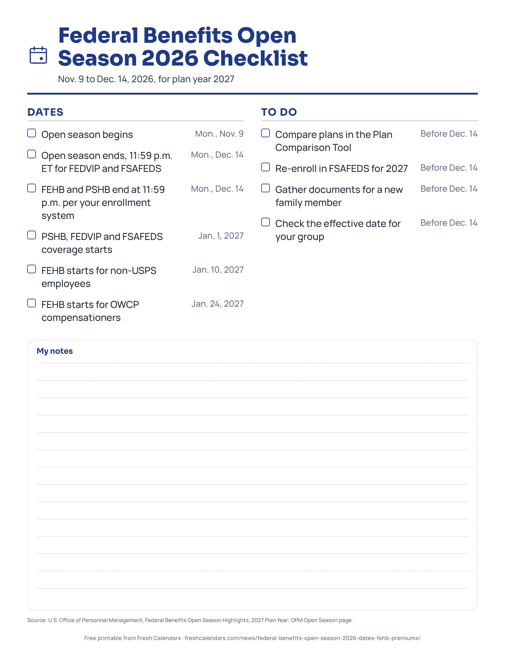 Federal Benefits Open Season 2026 checklist with dates and tick boxes