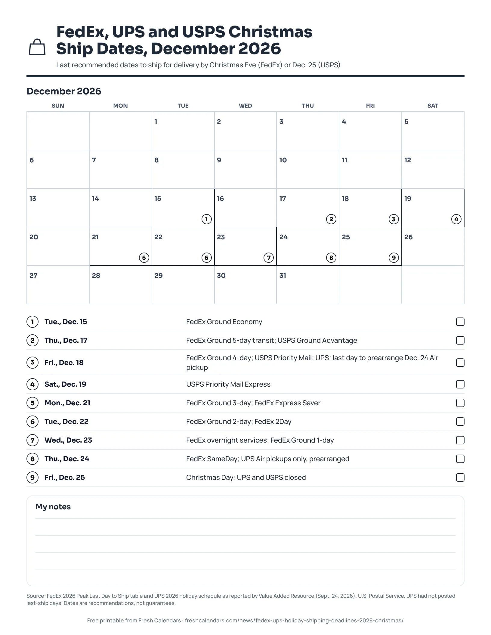 FedEx, UPS and USPS Christmas Ship Dates, December 2026 (ink saver) Printable December 2026 calendar marking FedEx last ship dates from Dec. 15 to Dec. 24, USPS send-by dates and the UPS Christmas schedule, ink-saver version