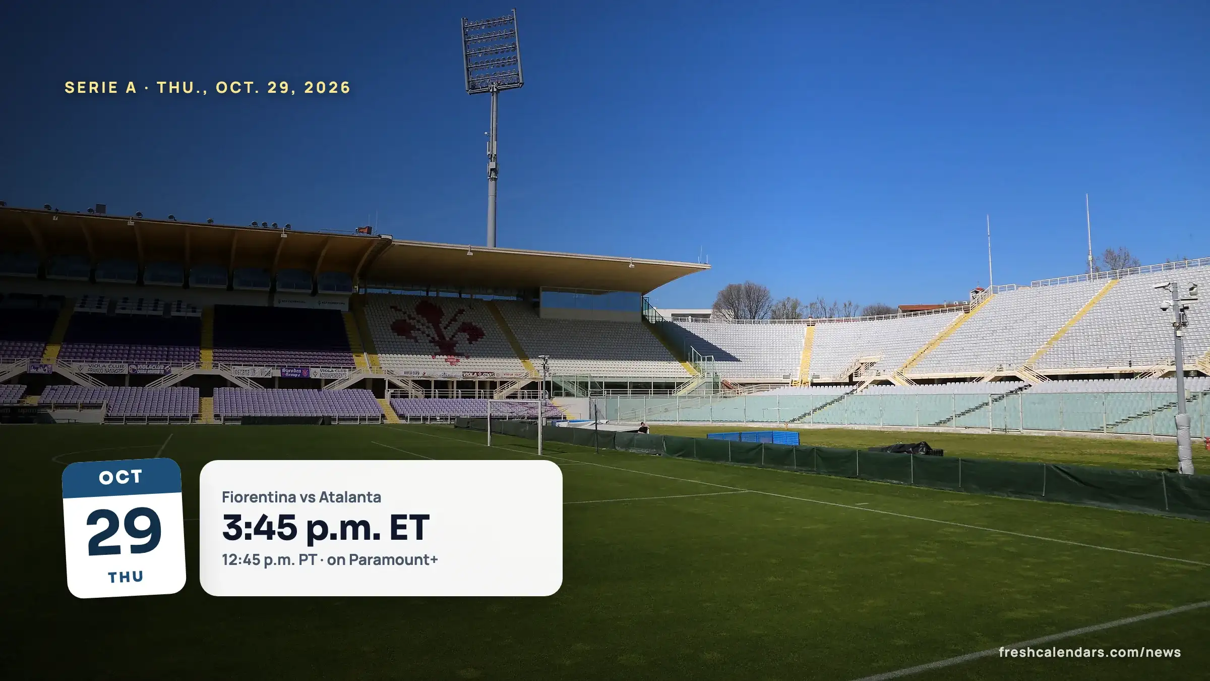 The pitch and purple stands of Stadio Artemio Franchi in Florence, where the Fiorentina vs Atalanta live stream comes from on Oct. 29, 2026