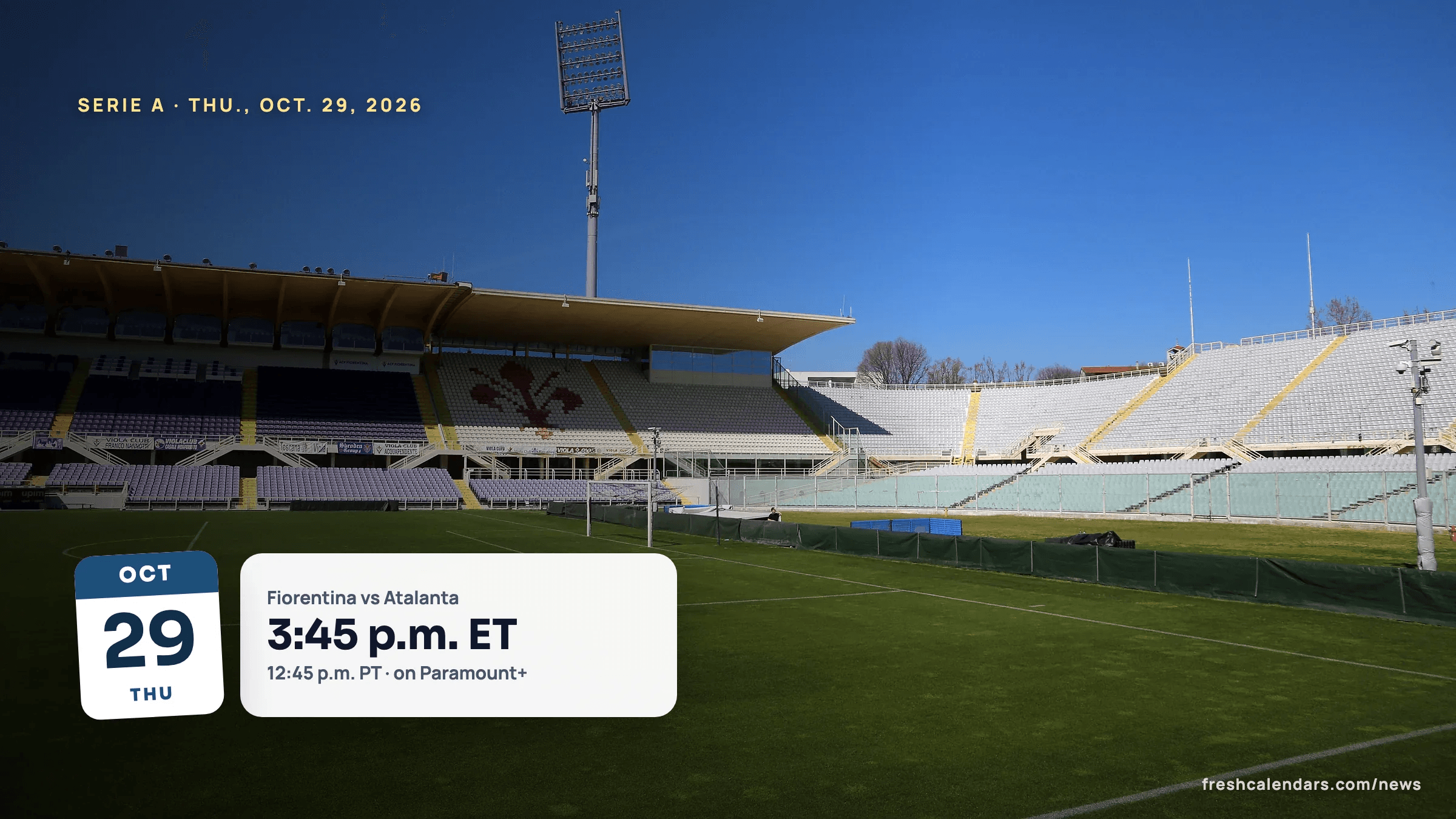The pitch and purple stands of Stadio Artemio Franchi in Florence, where the Fiorentina vs Atalanta live stream comes from on Oct. 29, 2026