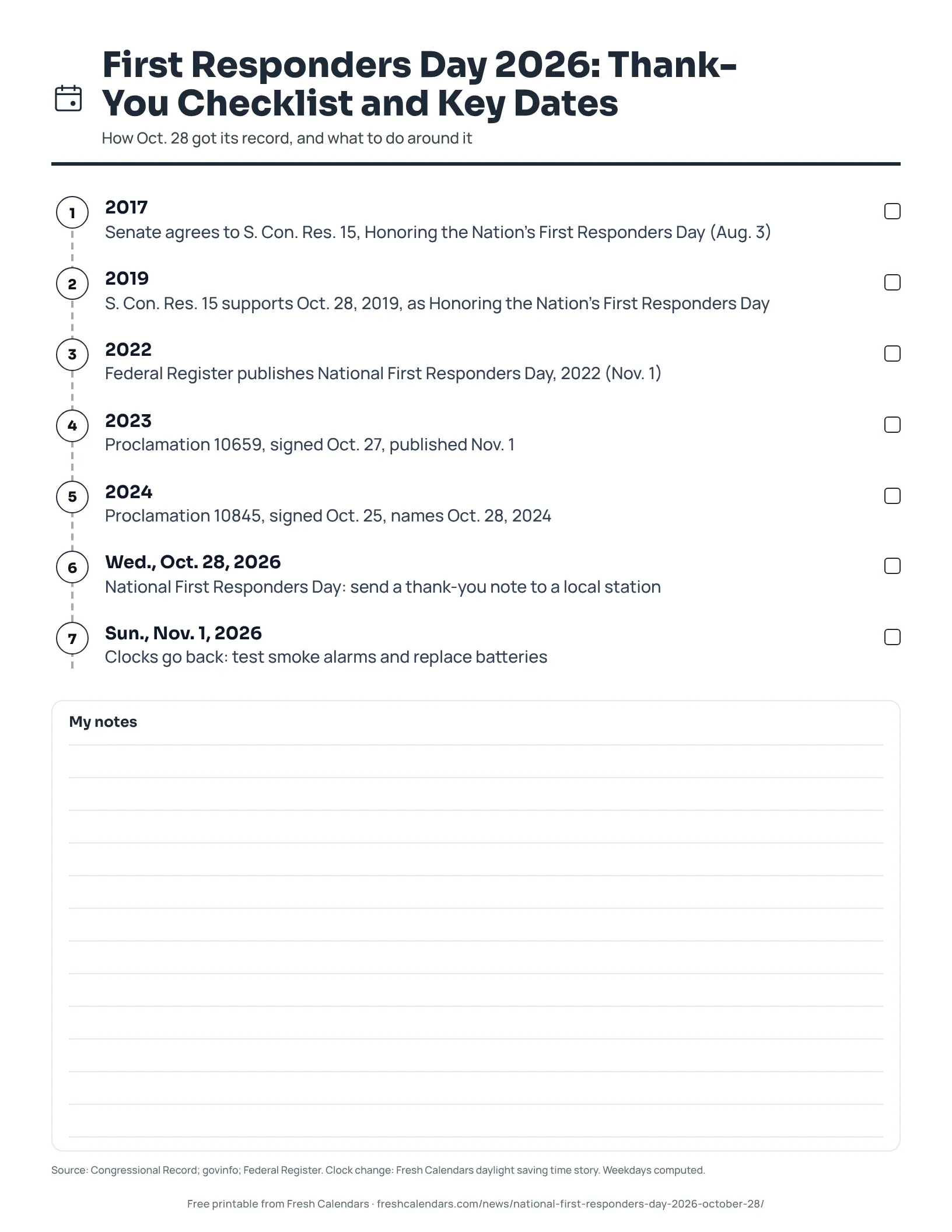 First Responders Day 2026: Thank-You Checklist and Key Dates (ink saver) First Responders Day 2026 Thank-You Checklist and Key Dates printable, ink-saver version
