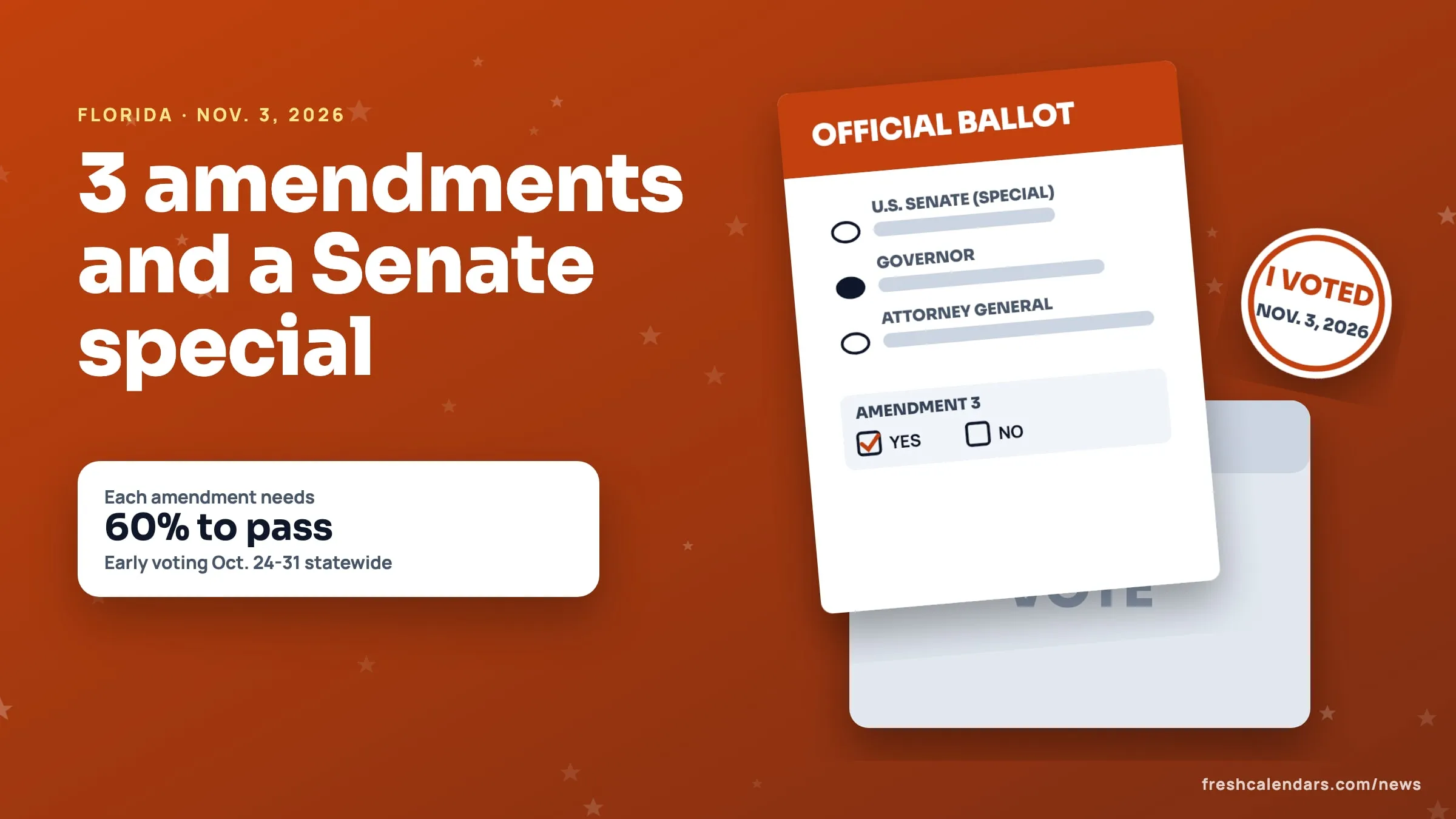 Florida amendments 2026: an official ballot listing a U.S. Senate special election, with a card reading each amendment needs 60% to pass