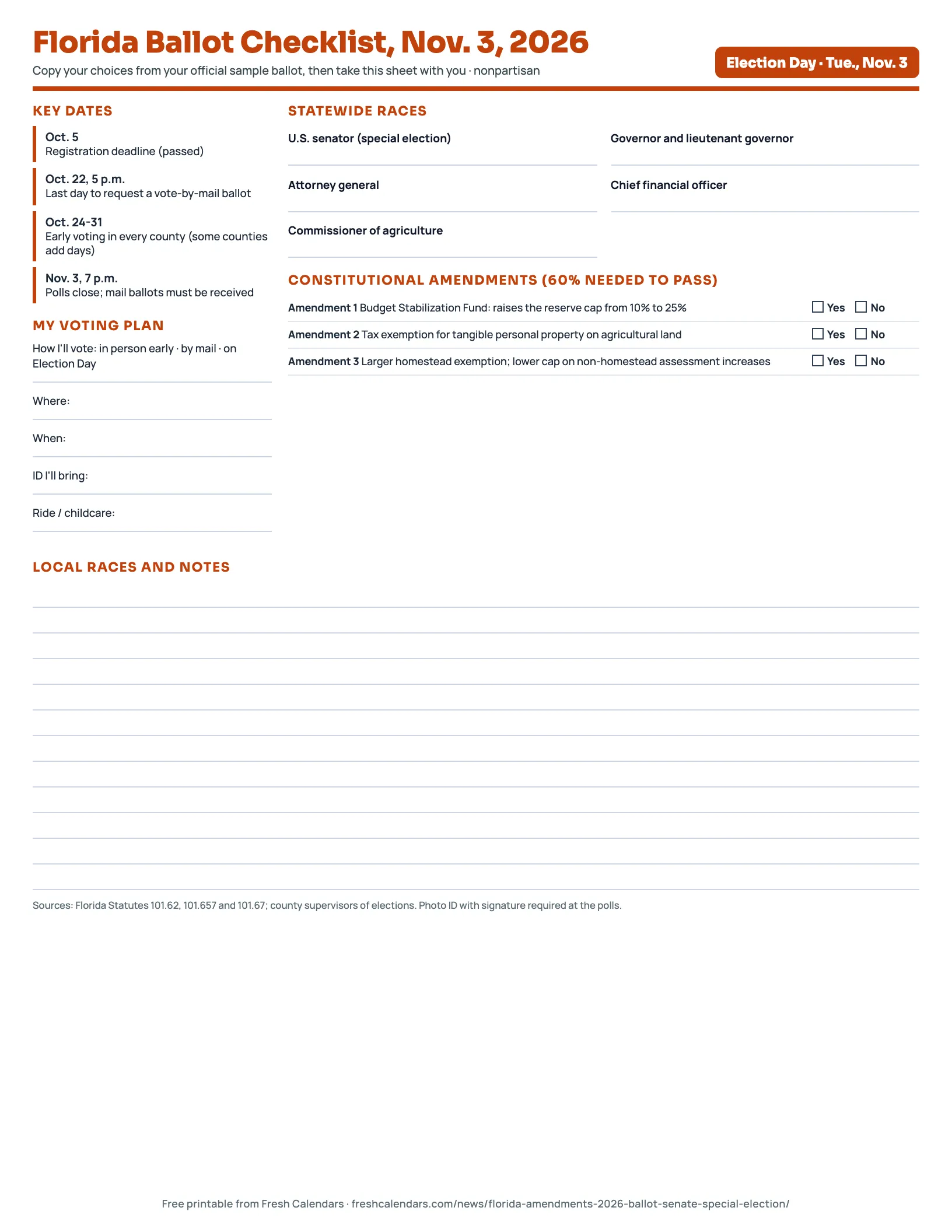 Florida Ballot Checklist, Nov. 3, 2026 Florida ballot checklist 2026 printable with Amendments 1 to 3, statewide races and key dates