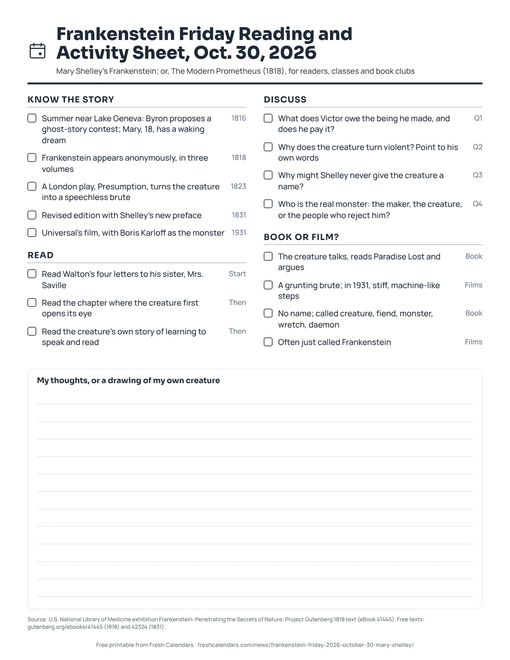 Printable Frankenstein Friday 2026 reading and activity sheet with a timeline, reading stops, discussion questions and a book versus film co, ink-saver version
