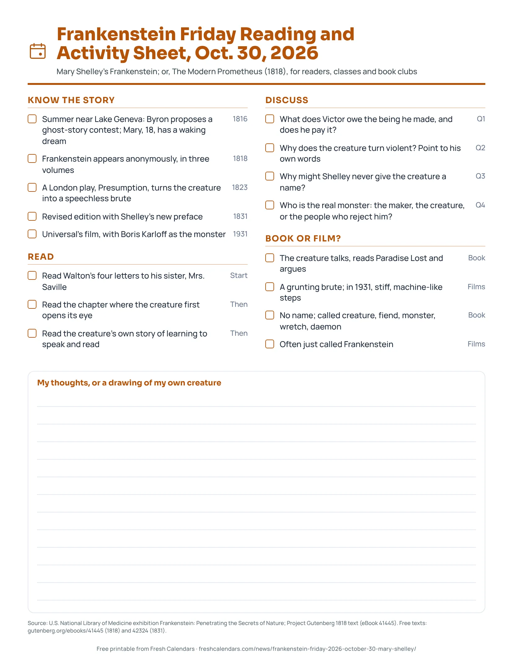 Printable Frankenstein Friday 2026 reading and activity sheet with a timeline, reading stops, discussion questions and a book versus film comparison