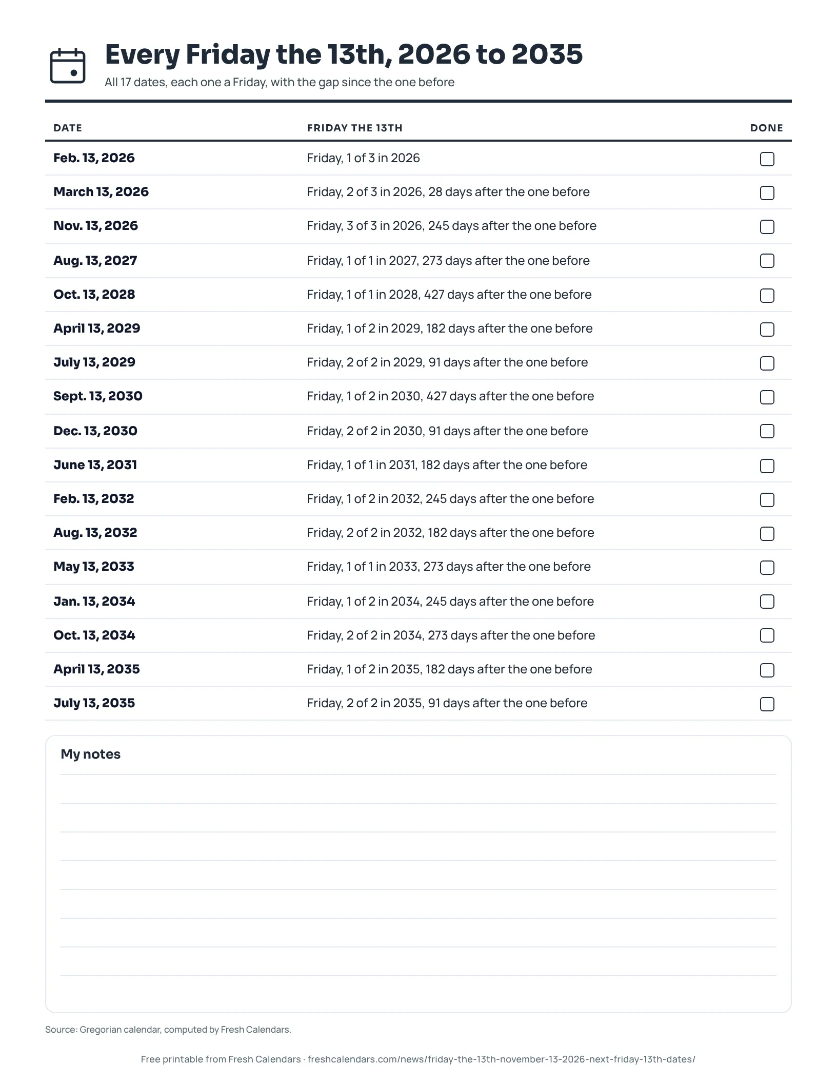 Printable list of every Friday the 13th from Feb. 13, 2026 to July 13, 2035, ink-saver version