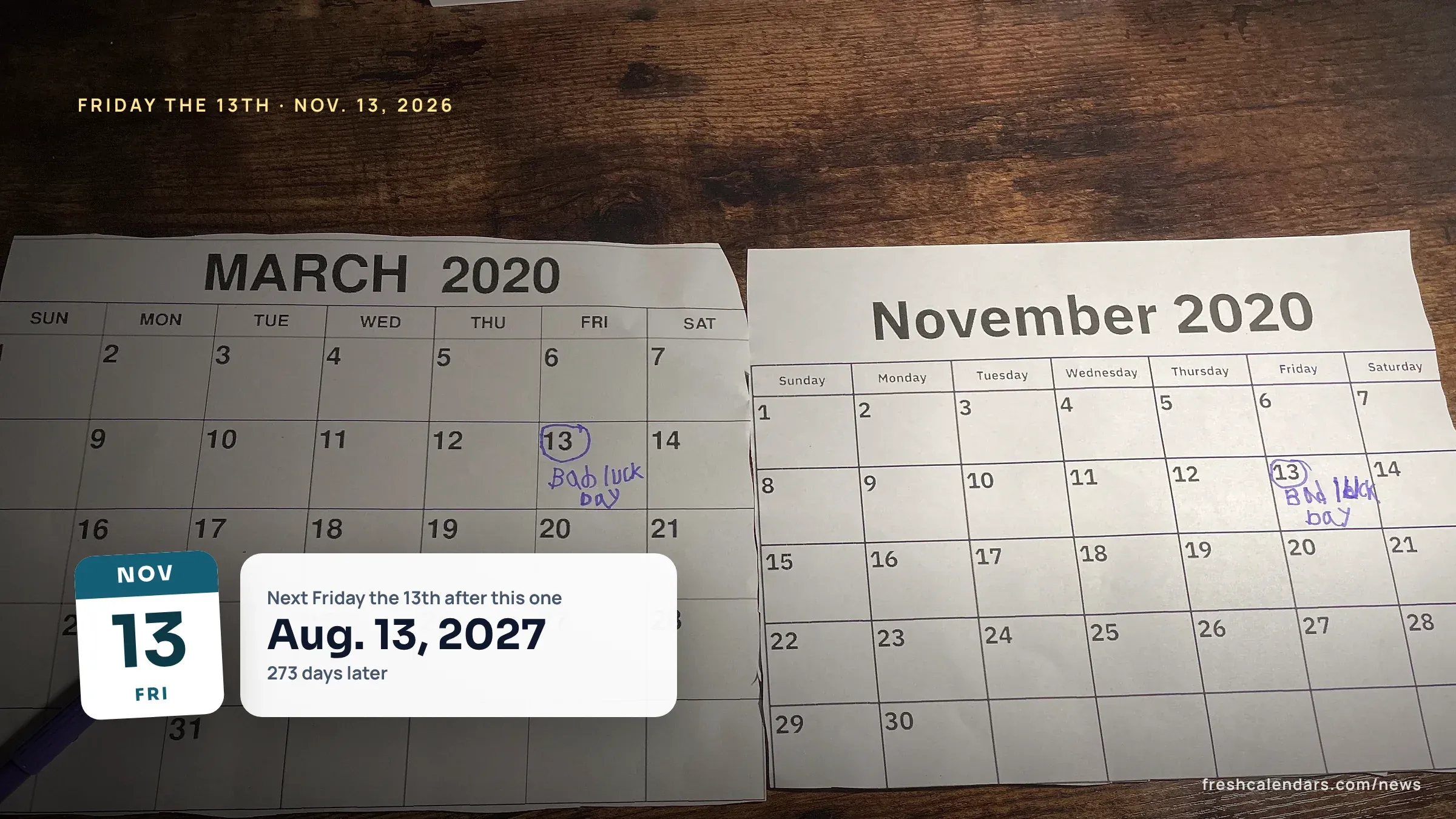 Next Friday the 13th: Nov. 13, 2026, Then Aug. 13, 2027, With Dates to 2035 Friday the 13th on a 2020 paper calendar with March 13 and Nov. 13 circled