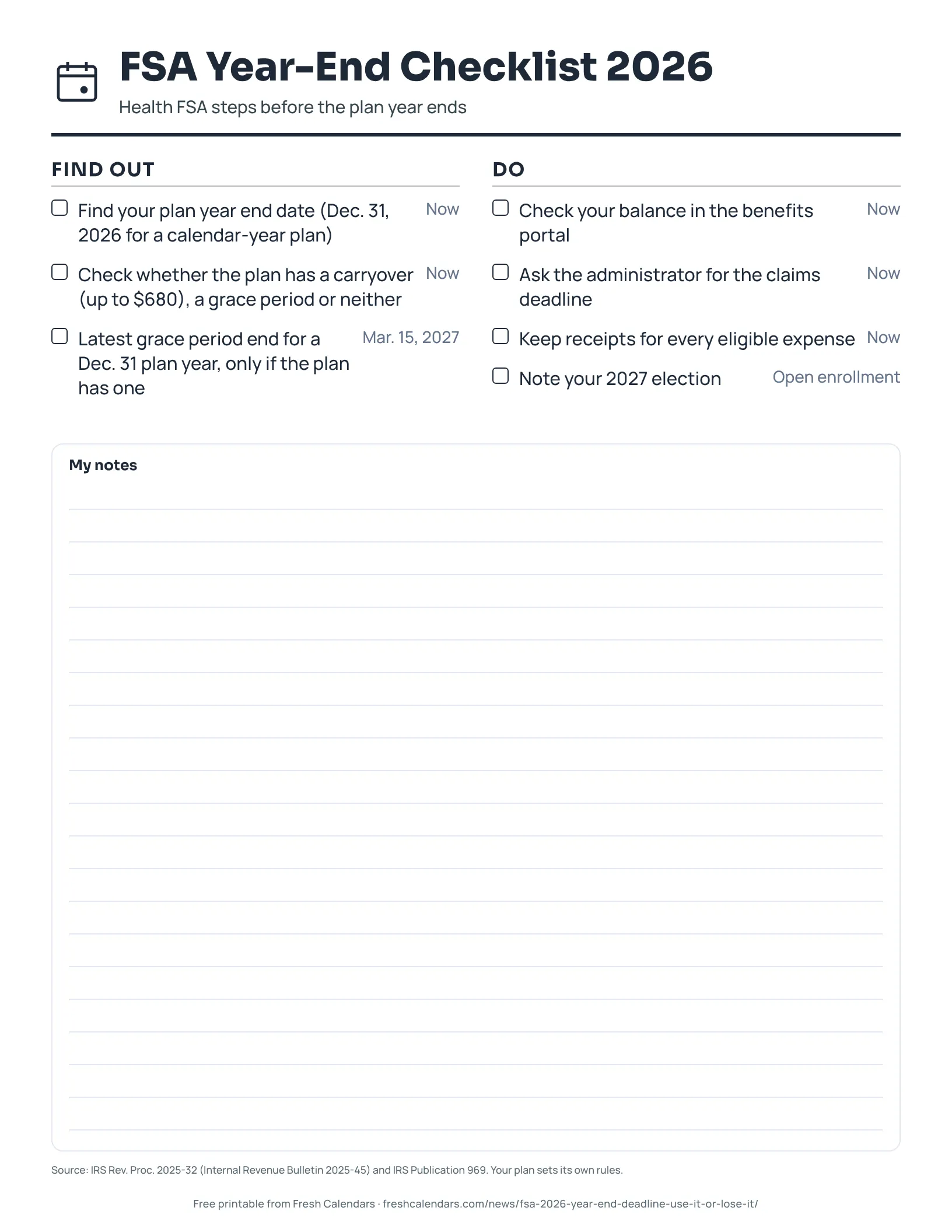 FSA Year-End Checklist 2026 (ink saver) Printable FSA year-end checklist for 2026 with tick boxes, ink-saver version