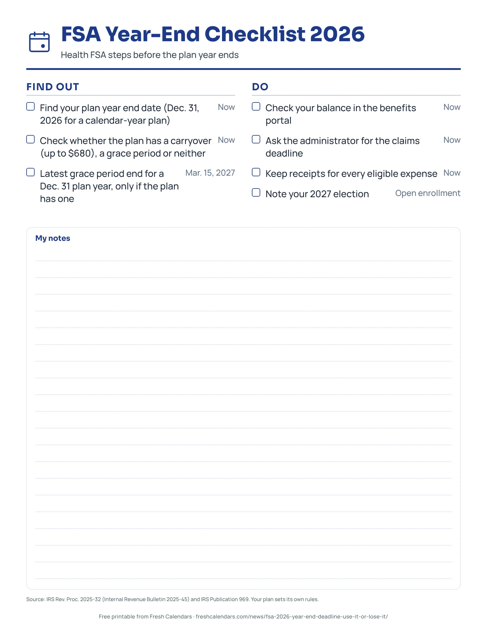 FSA Year-End Checklist 2026 Printable FSA year-end checklist for 2026 with tick boxes