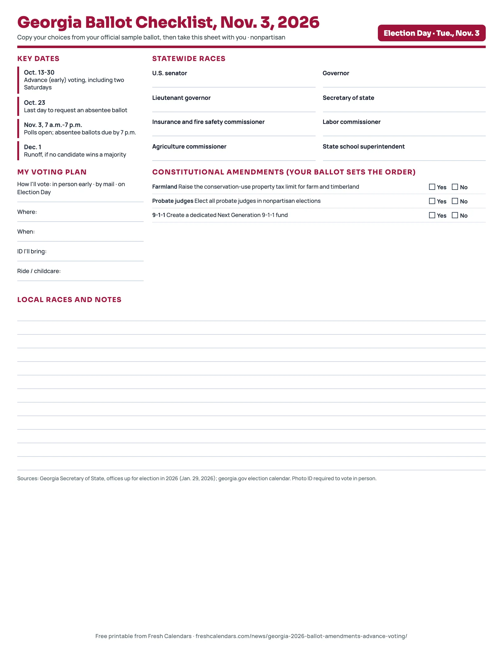 Georgia ballot checklist 2026 printable with statewide offices, three amendments and advance voting dates