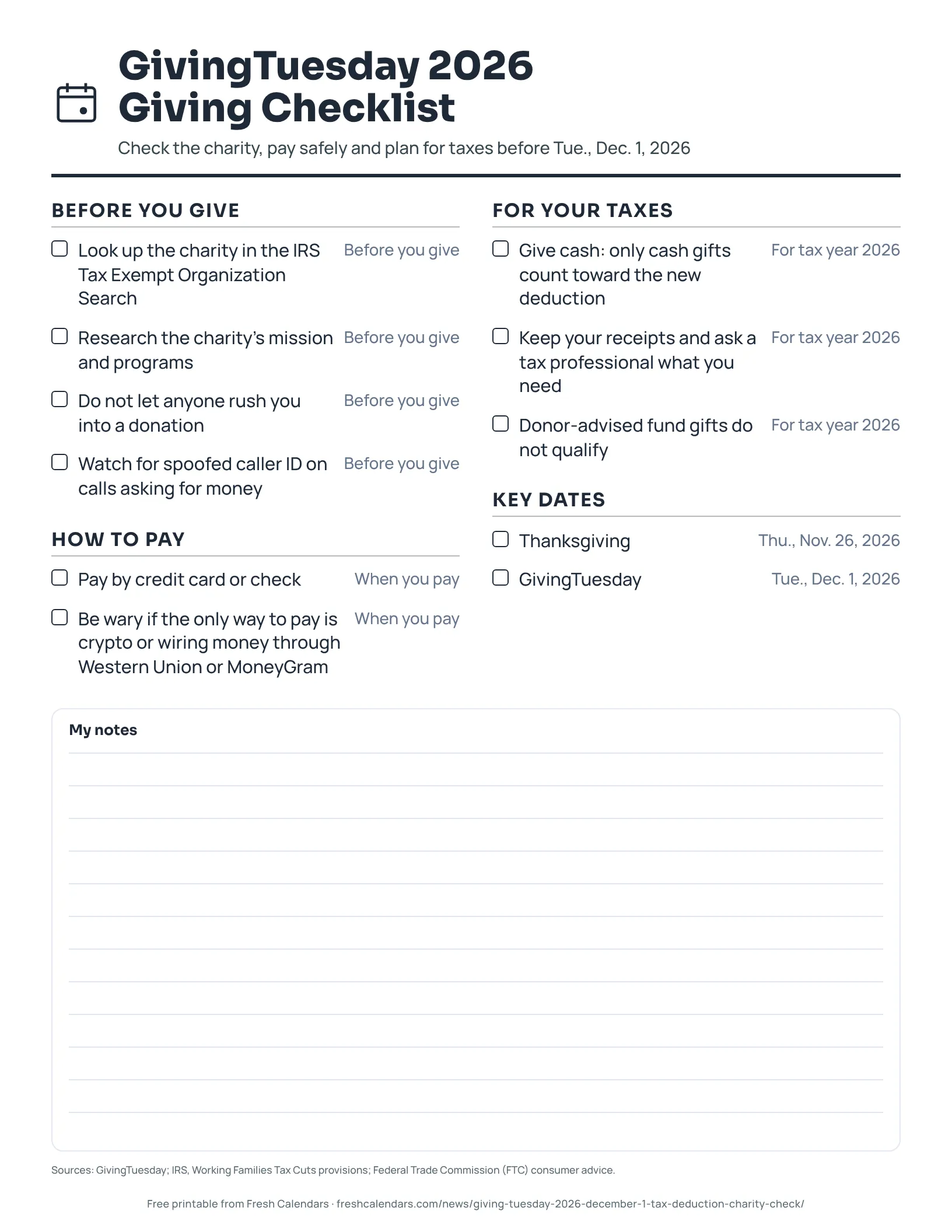 GivingTuesday 2026 Giving Checklist (ink saver) Printable GivingTuesday 2026 giving checklist with steps to check a charity, pay safely and plan for taxes, ink-saver version
