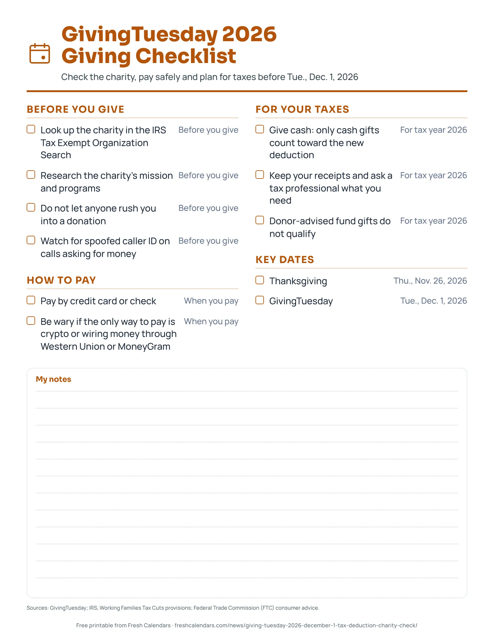 GivingTuesday 2026 Giving Checklist Printable GivingTuesday 2026 giving checklist with steps to check a charity, pay safely and plan for taxes