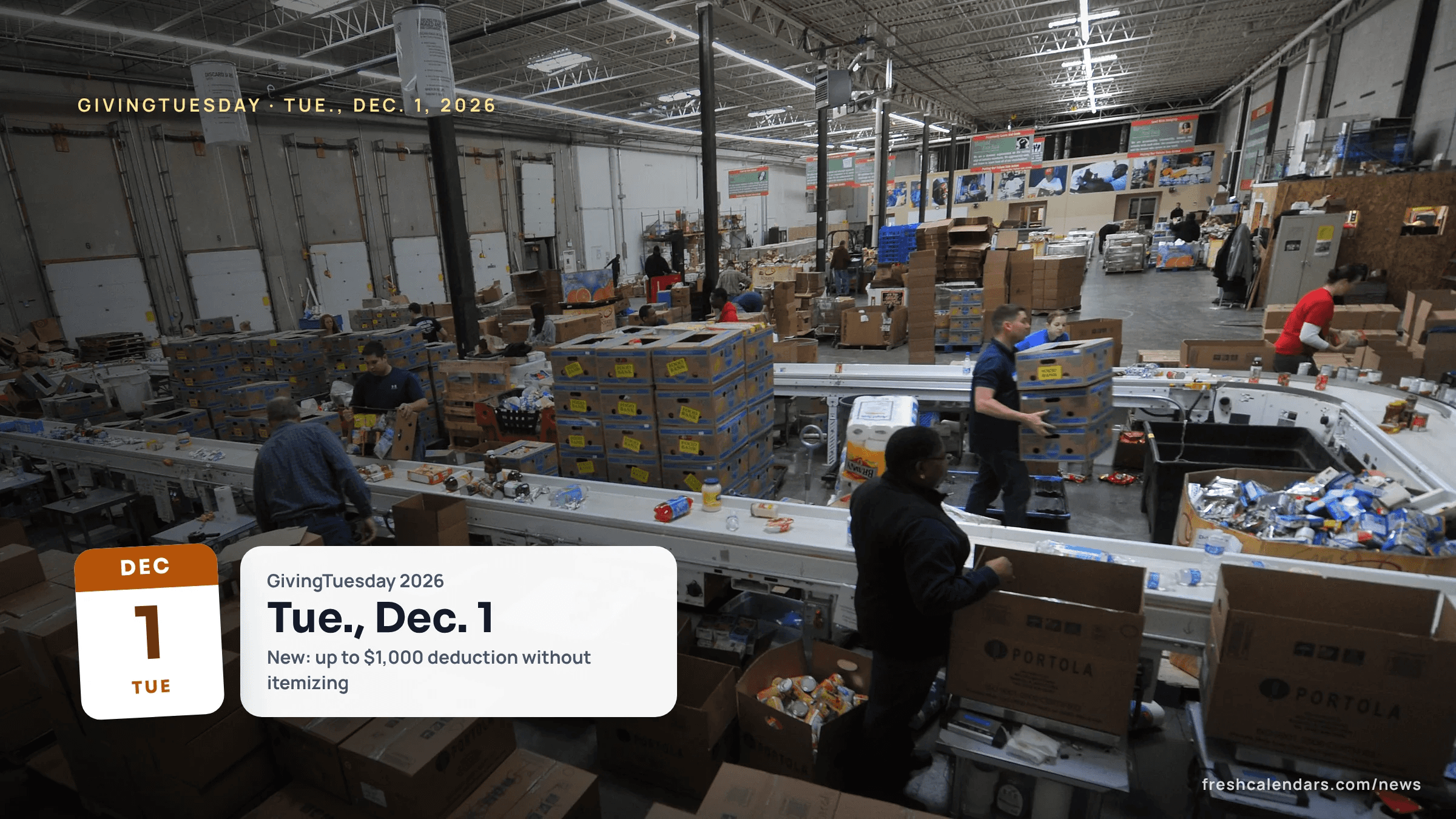GivingTuesday 2026 is Tuesday, Dec. 1: volunteers sorting donated food in a large food bank warehouse