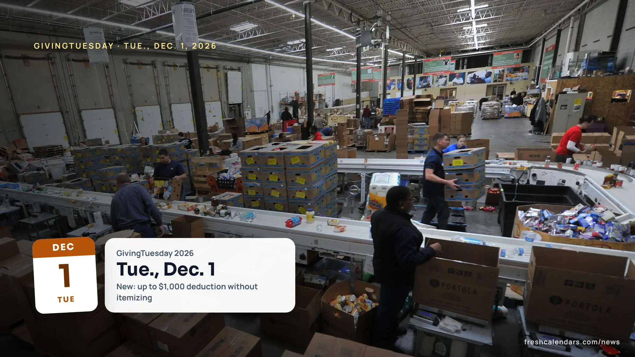 GivingTuesday 2026 is Tuesday, Dec. 1: volunteers sorting donated food in a large food bank warehouse