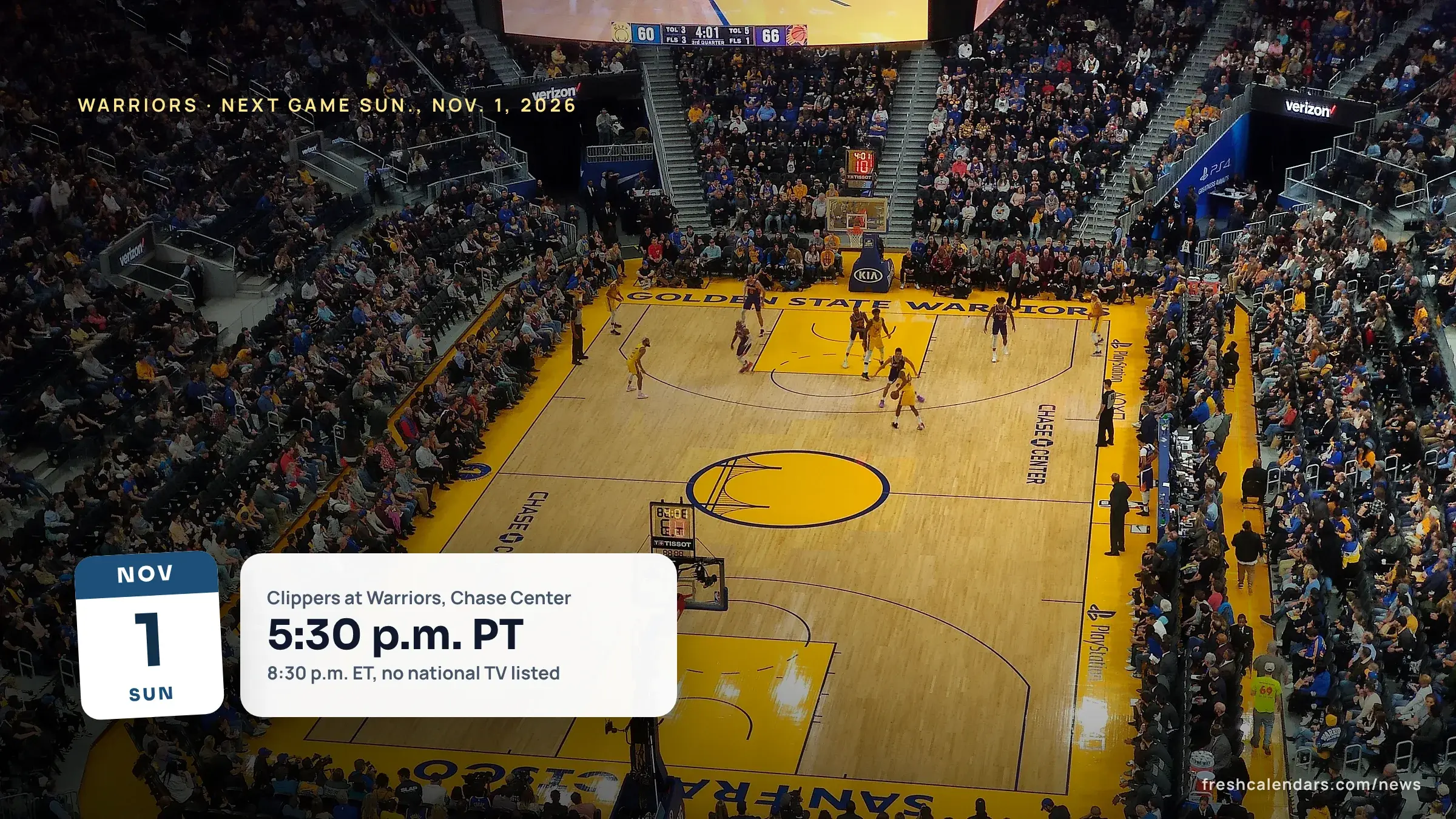 Golden State Warriors game at Chase Center in San Francisco, seen from the upper deck, for the Warriors November 2026 schedule