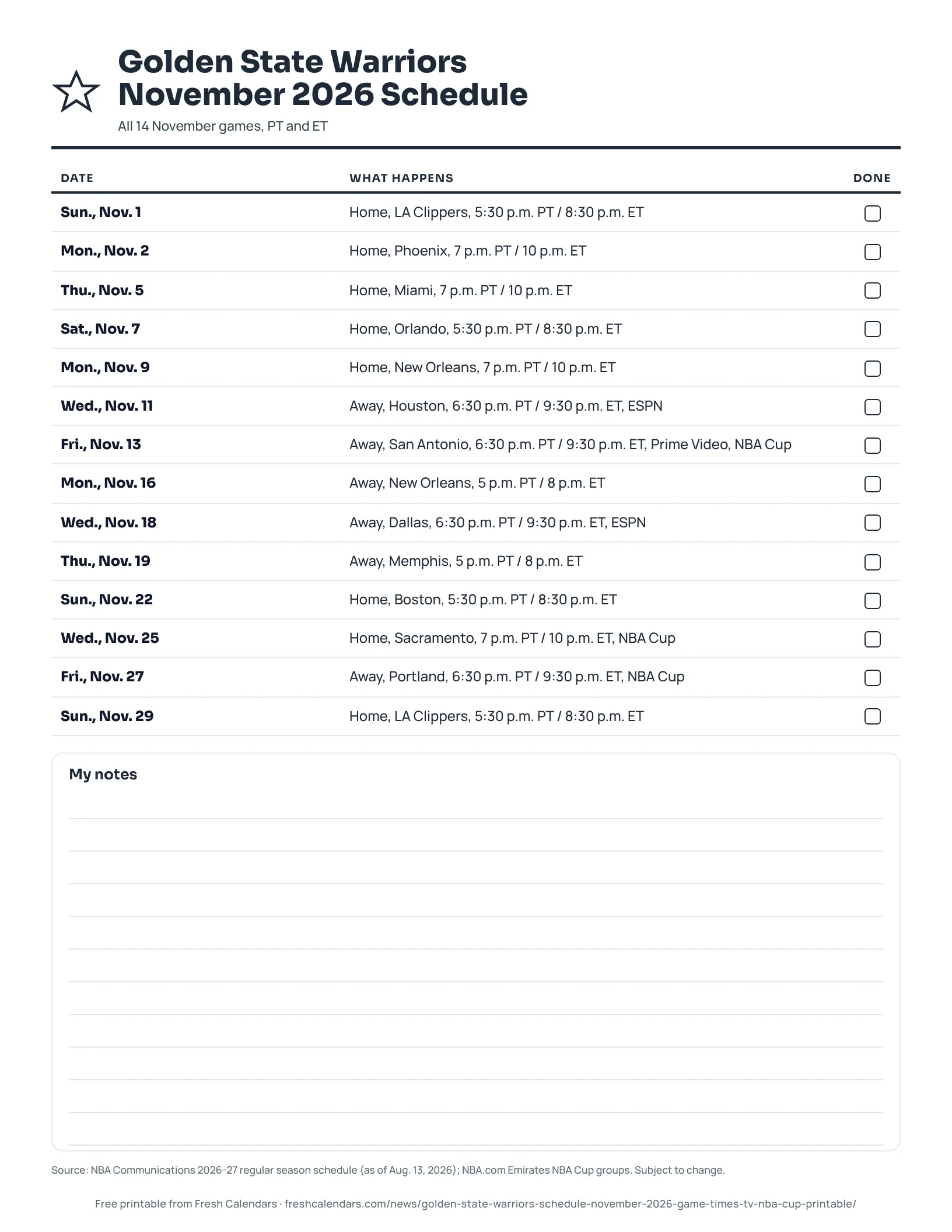 Printable Golden State Warriors schedule for November 2026 listing 14 games with Pacific and Eastern Time start times, ink-saver version