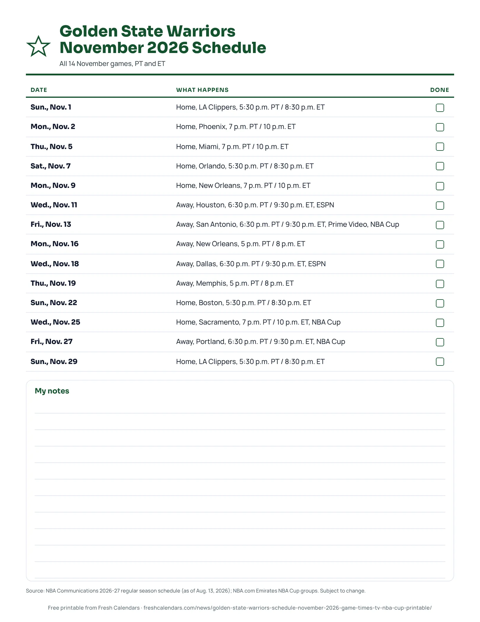 Printable Golden State Warriors schedule for November 2026 listing 14 games with Pacific and Eastern Time start times