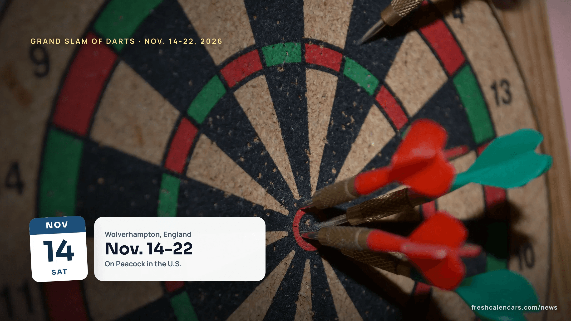 Grand Slam of Darts 2026: three darts grouped in the bullseye of a dartboard