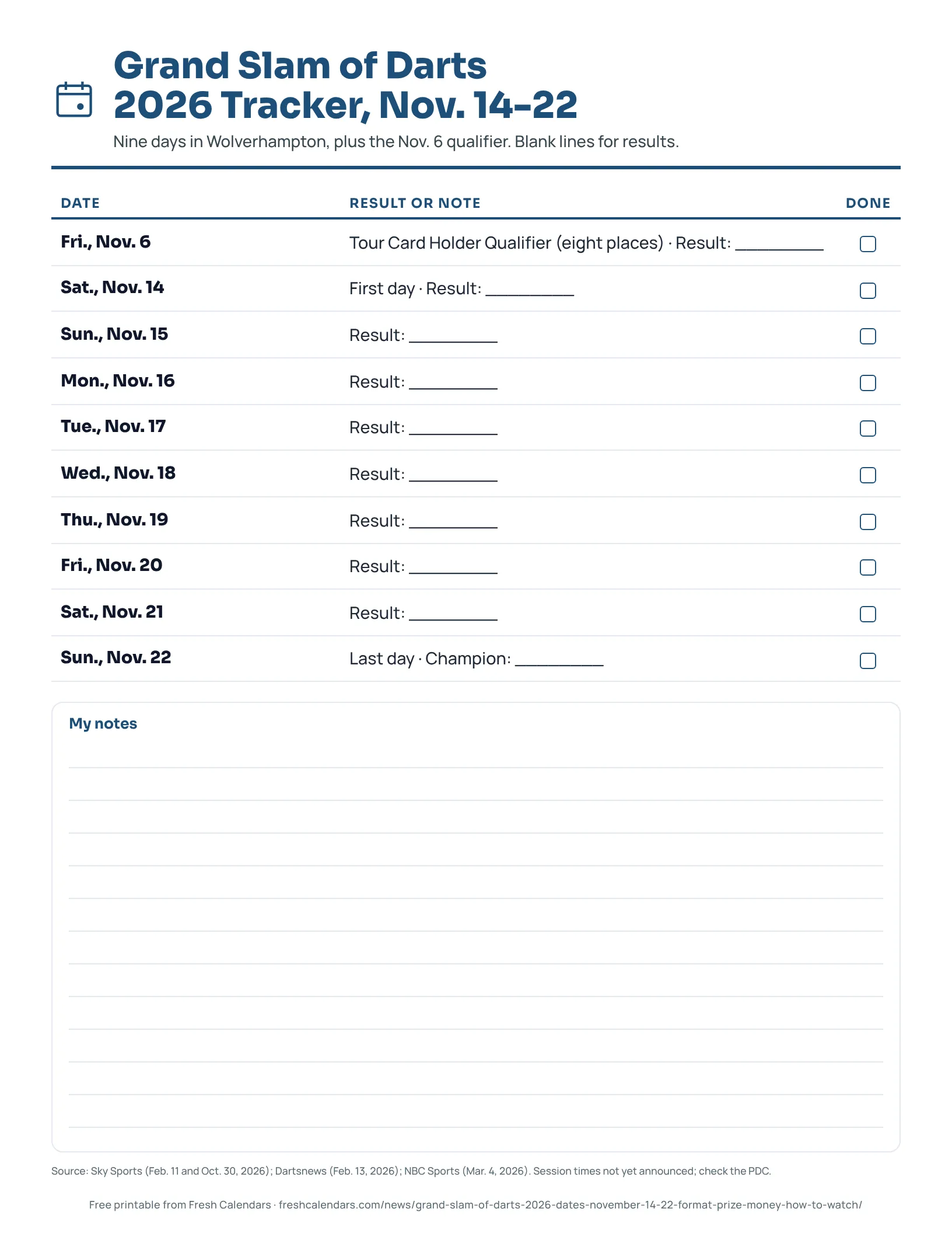 Grand Slam of Darts 2026 tracker with one row per day and blank result lines