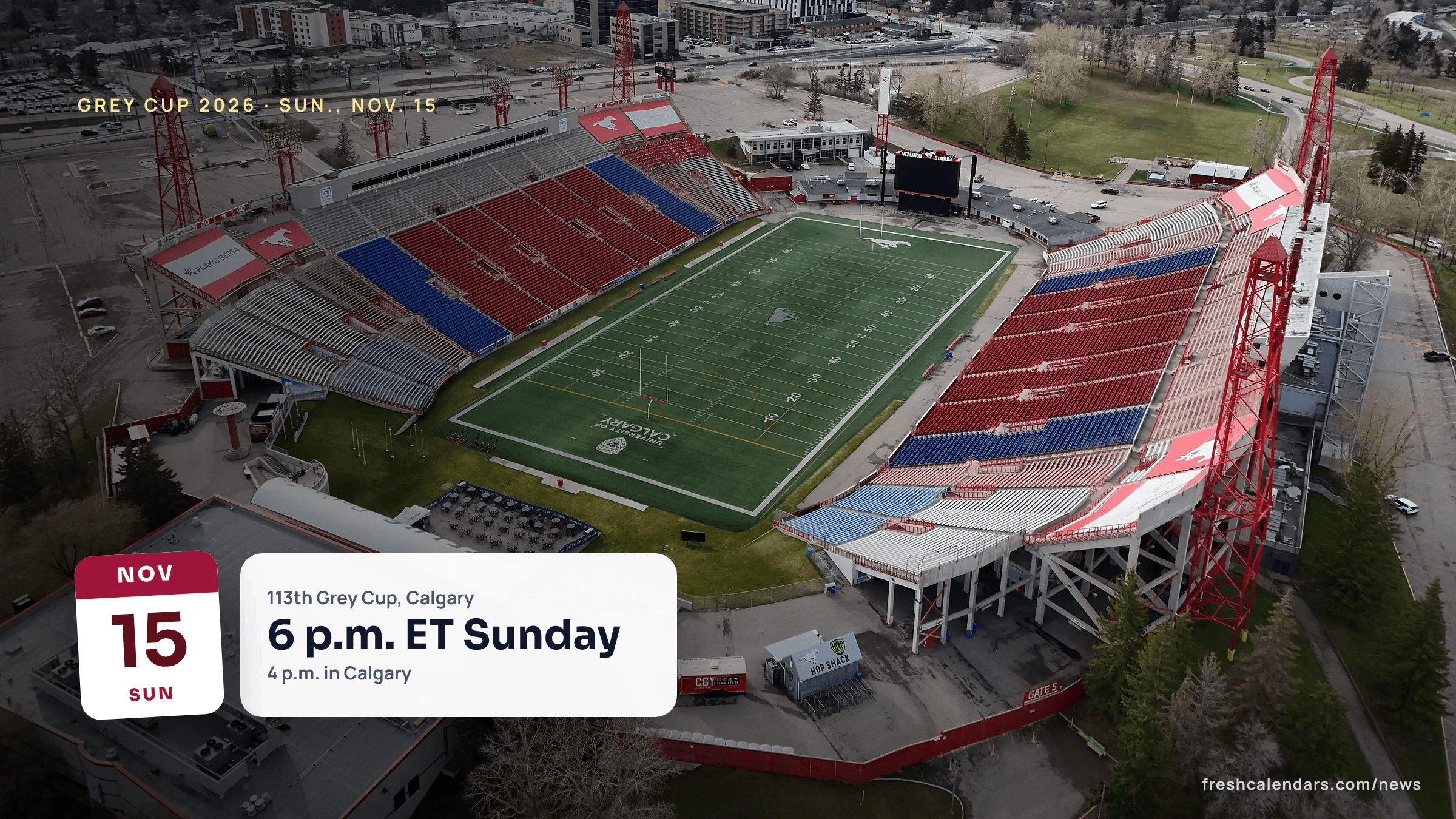 Aerial view of McMahon Stadium in Calgary with its red and blue stands around the field