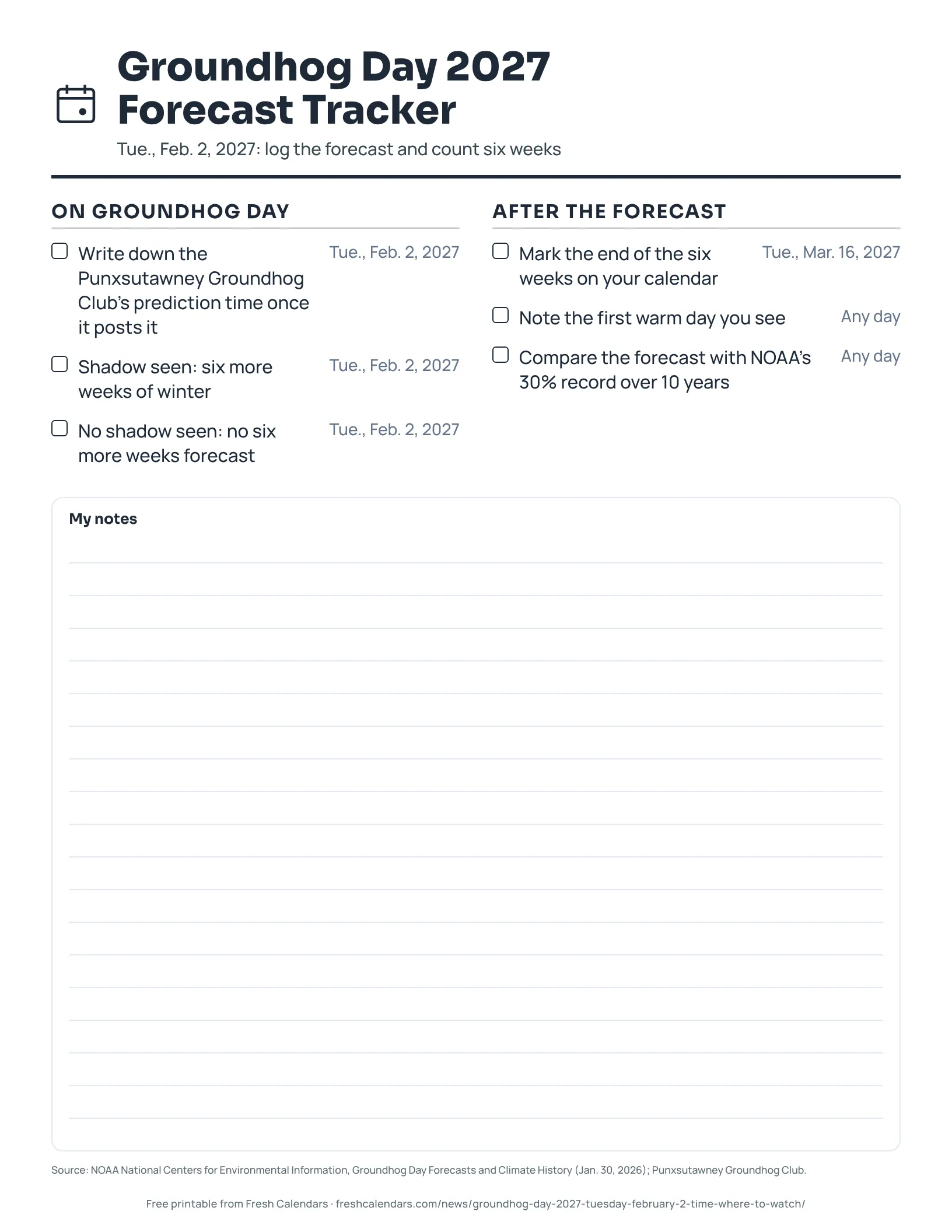 Printable Groundhog Day 2027 forecast tracker checklist, ink-saver version