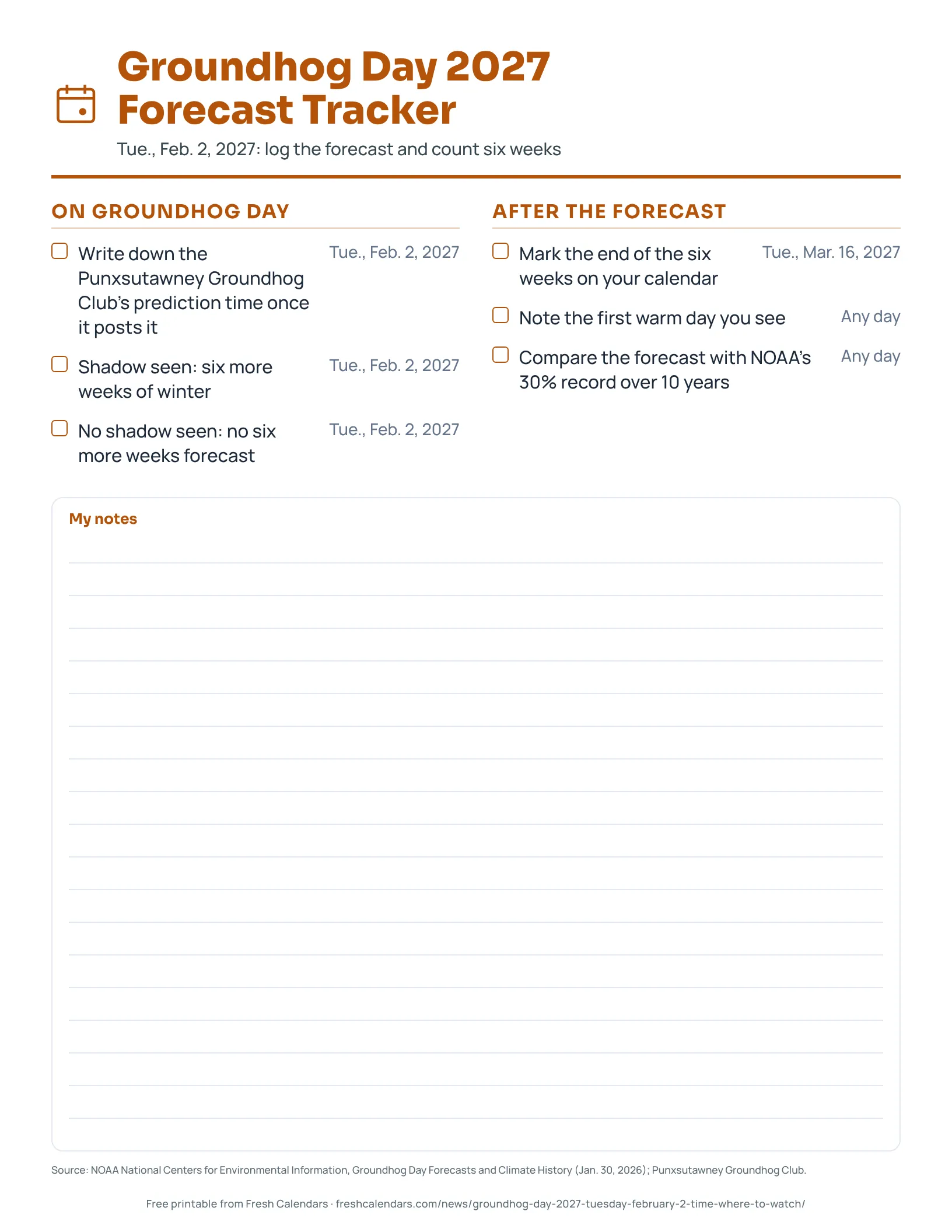 Printable Groundhog Day 2027 forecast tracker checklist